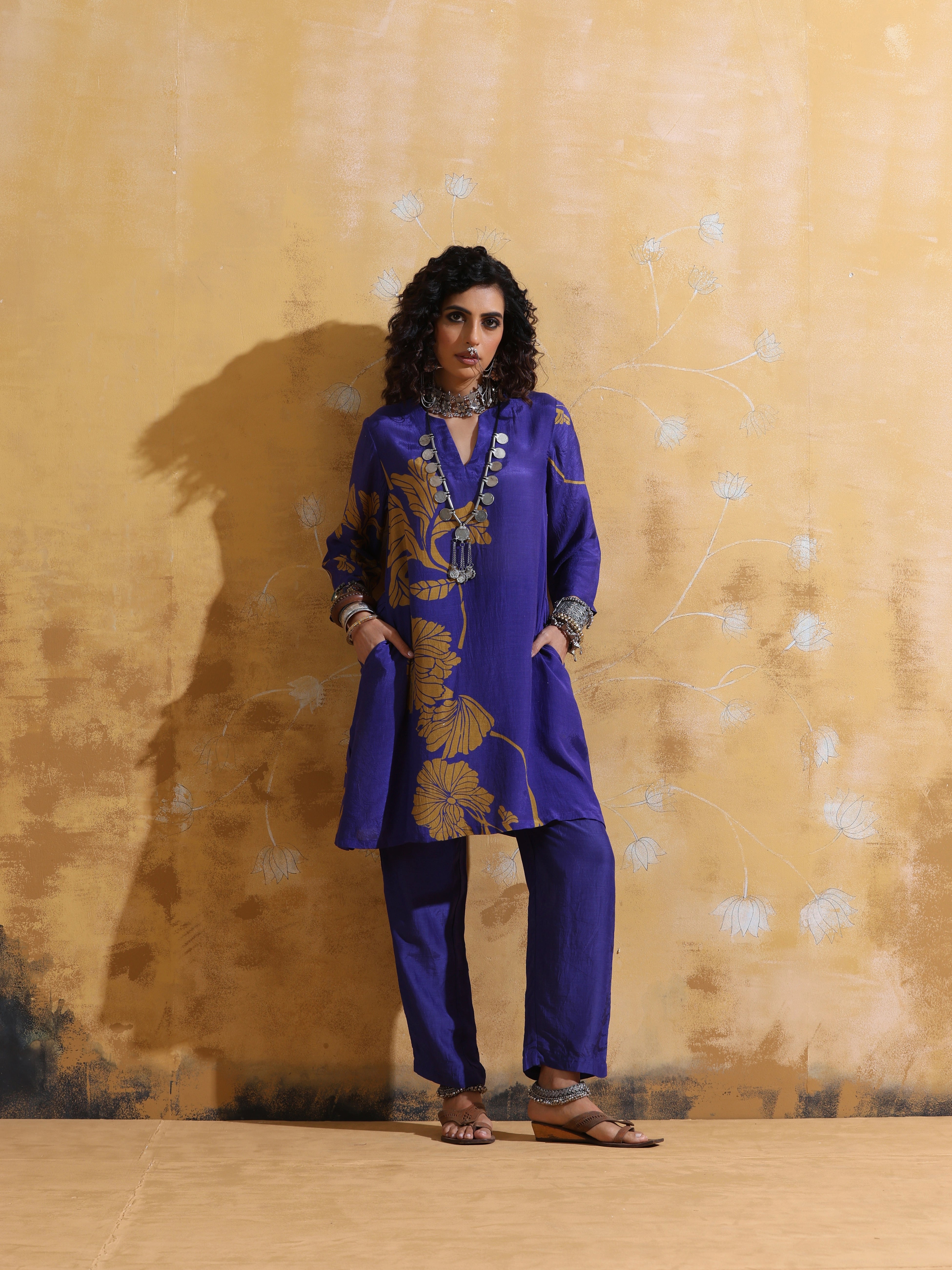 trueBrowns Purple Mustard Floral Print Muslin Silk A-line Kurta Co-ord Set