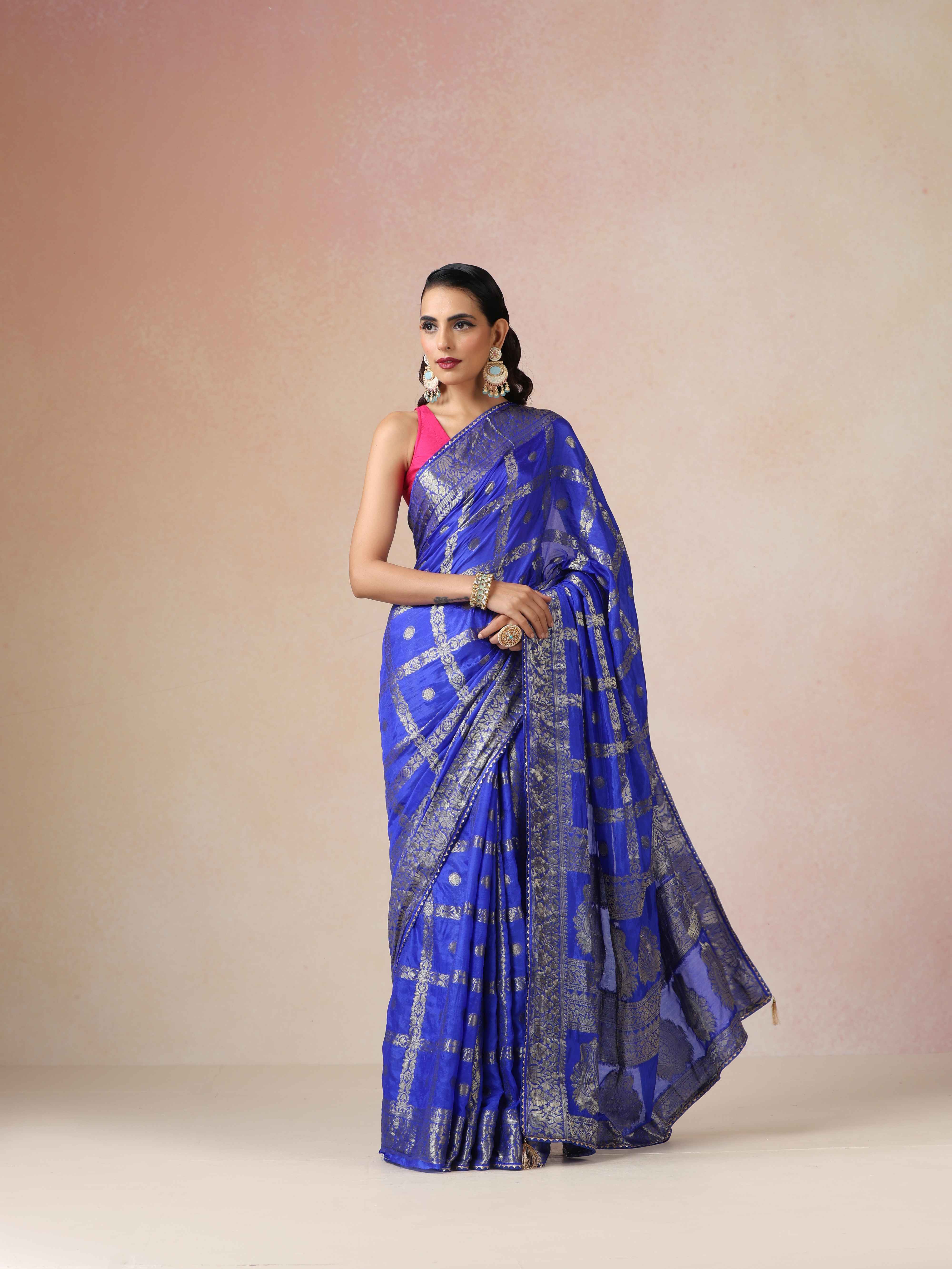 trueBrowns Electric Blue Bandhani Jacquard Saree With Unstitched Blouse