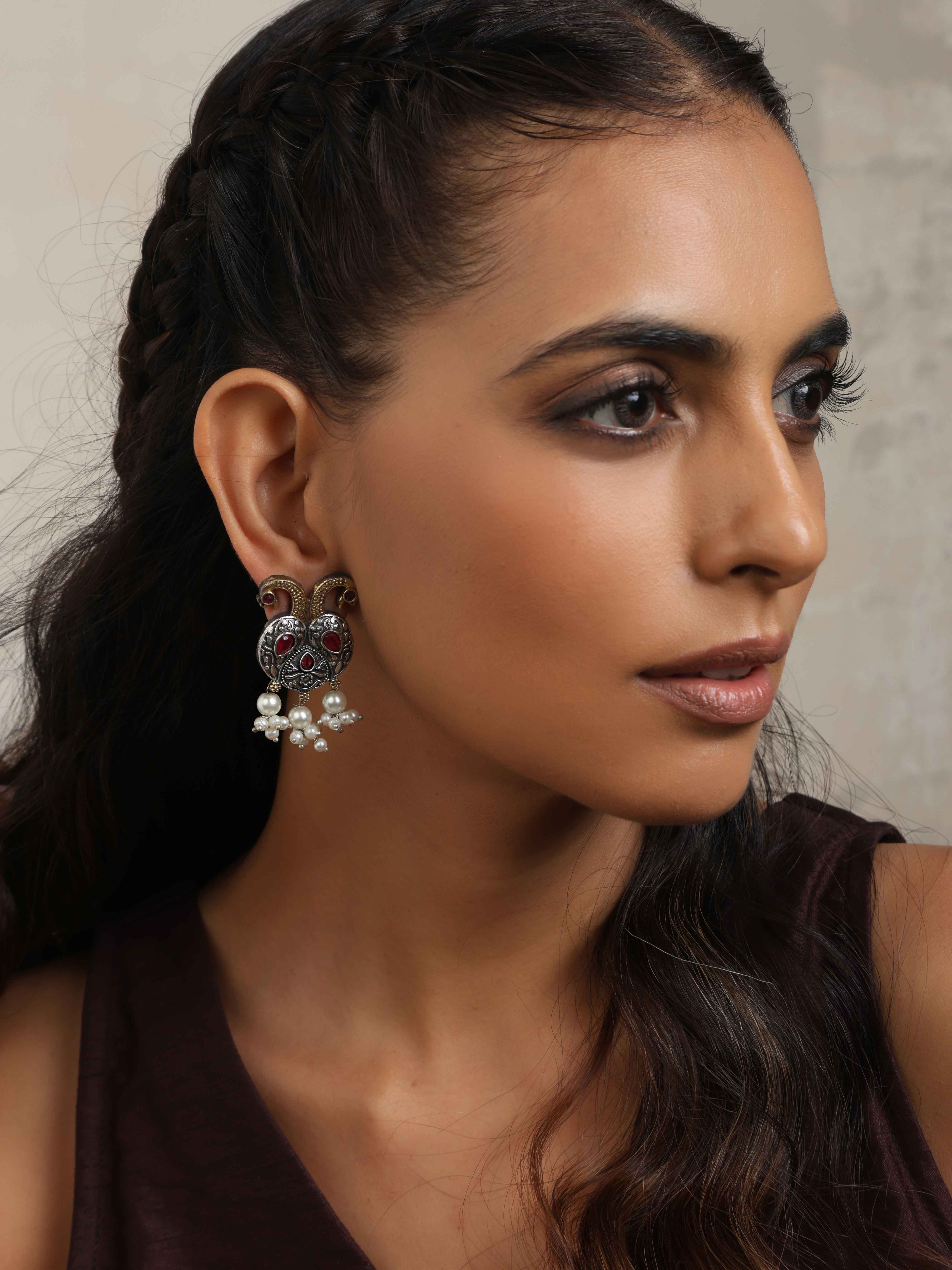 trueBrowns Silver Gold Tone Peacock Stud Earrings