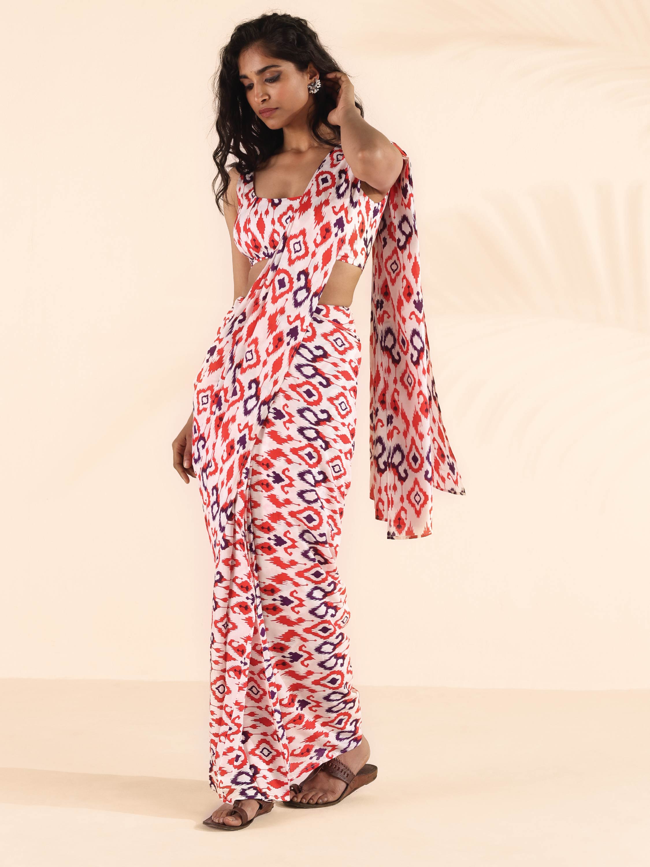 trueBrowns Carrot Muslin Ikat Saree