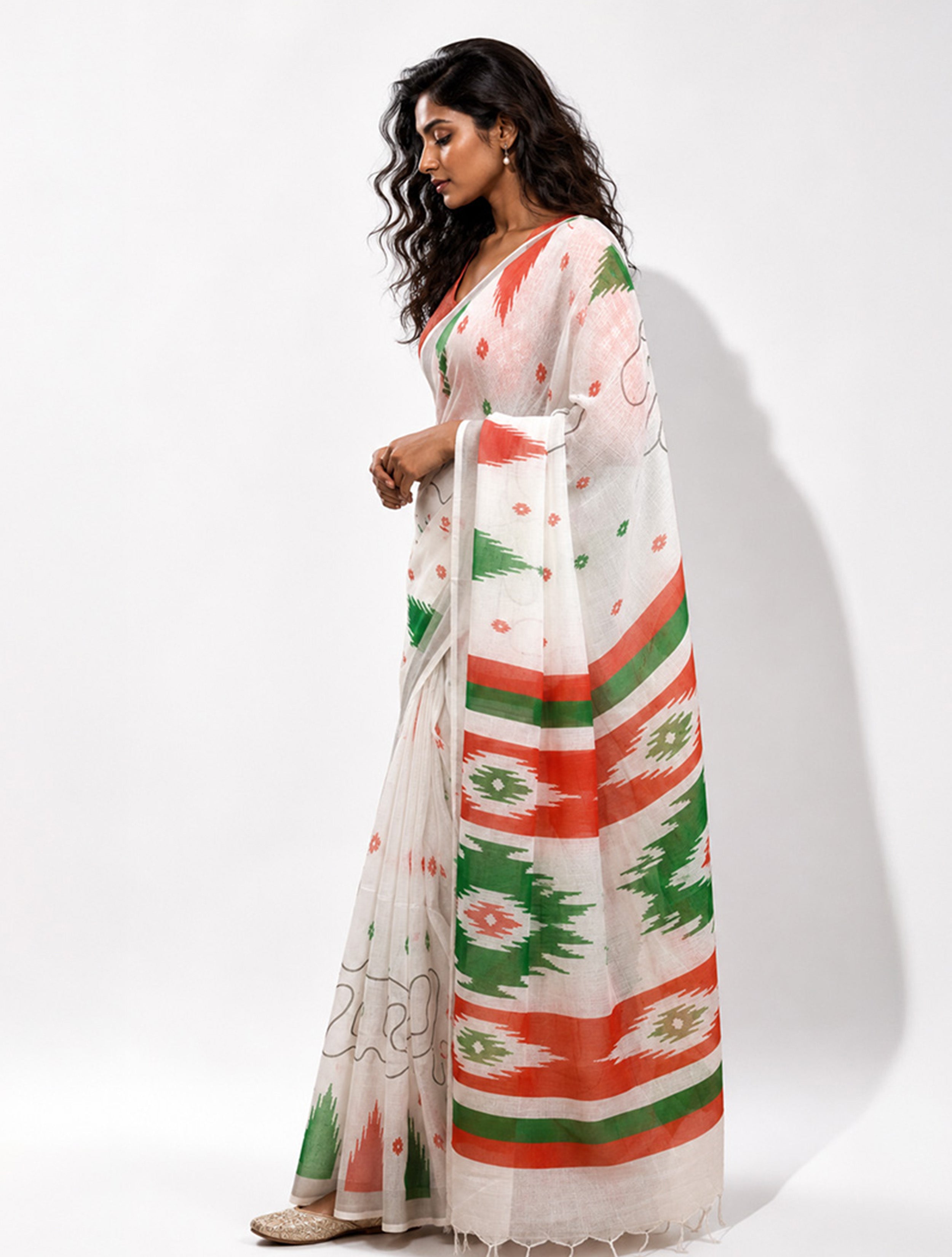 trueBrowns Ikat print Independence Day Saree With Unstitched Blouse| The Freedom Drape