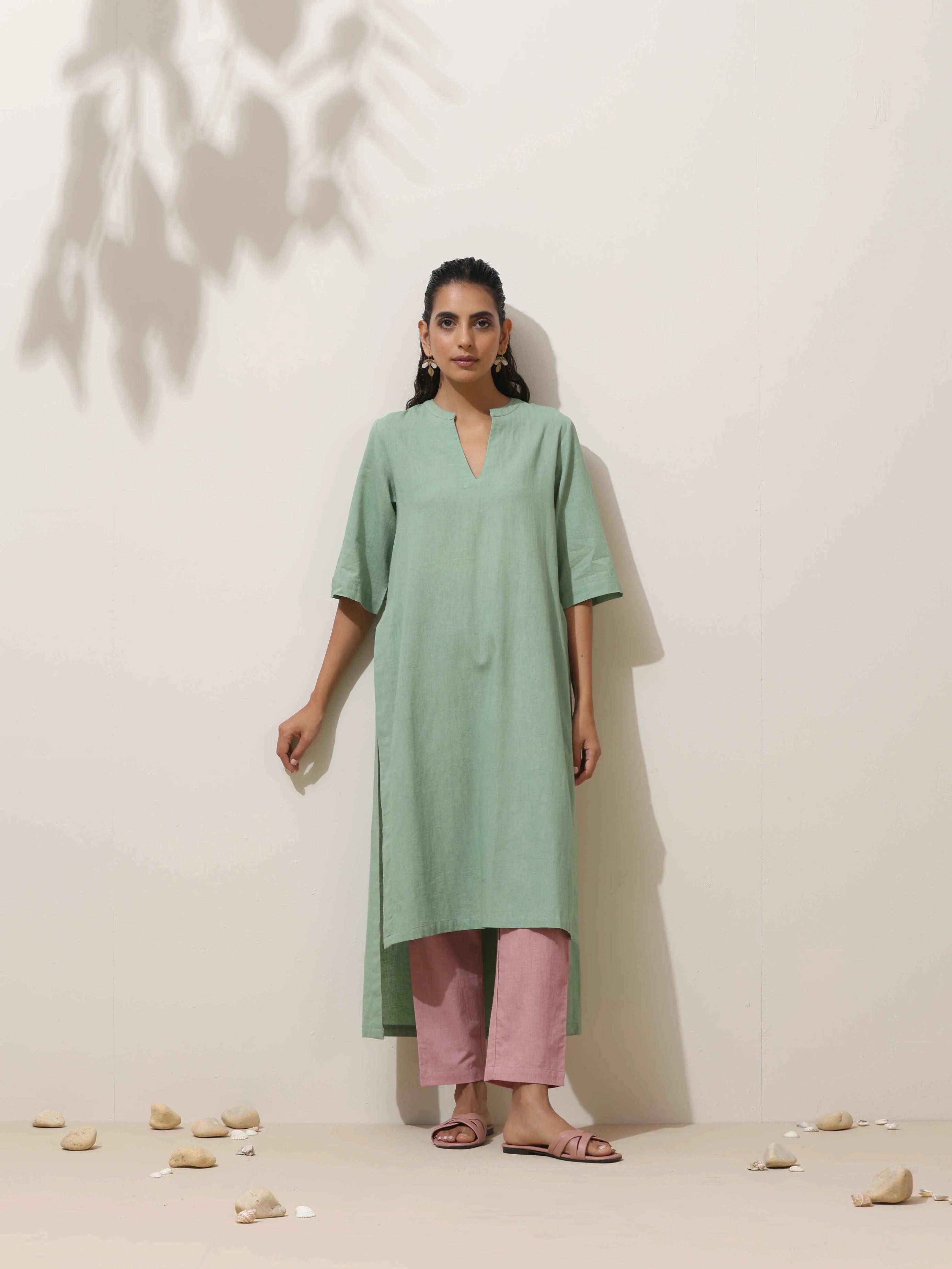trueBrowns Mint Green Cotton Linen Kurta Pant Set