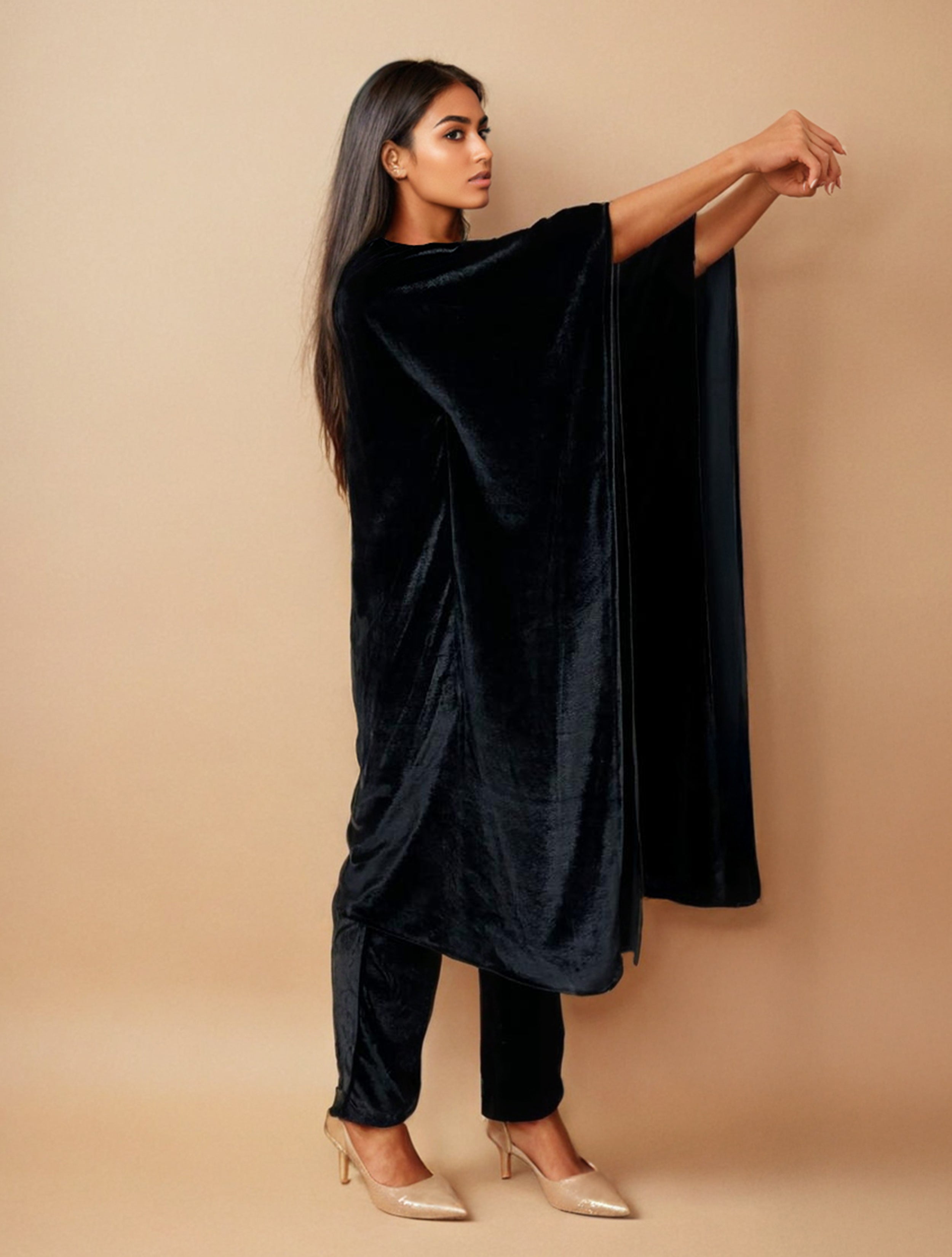 trueBrowns Black Velvet Embroidered Kaftan Kurta Set