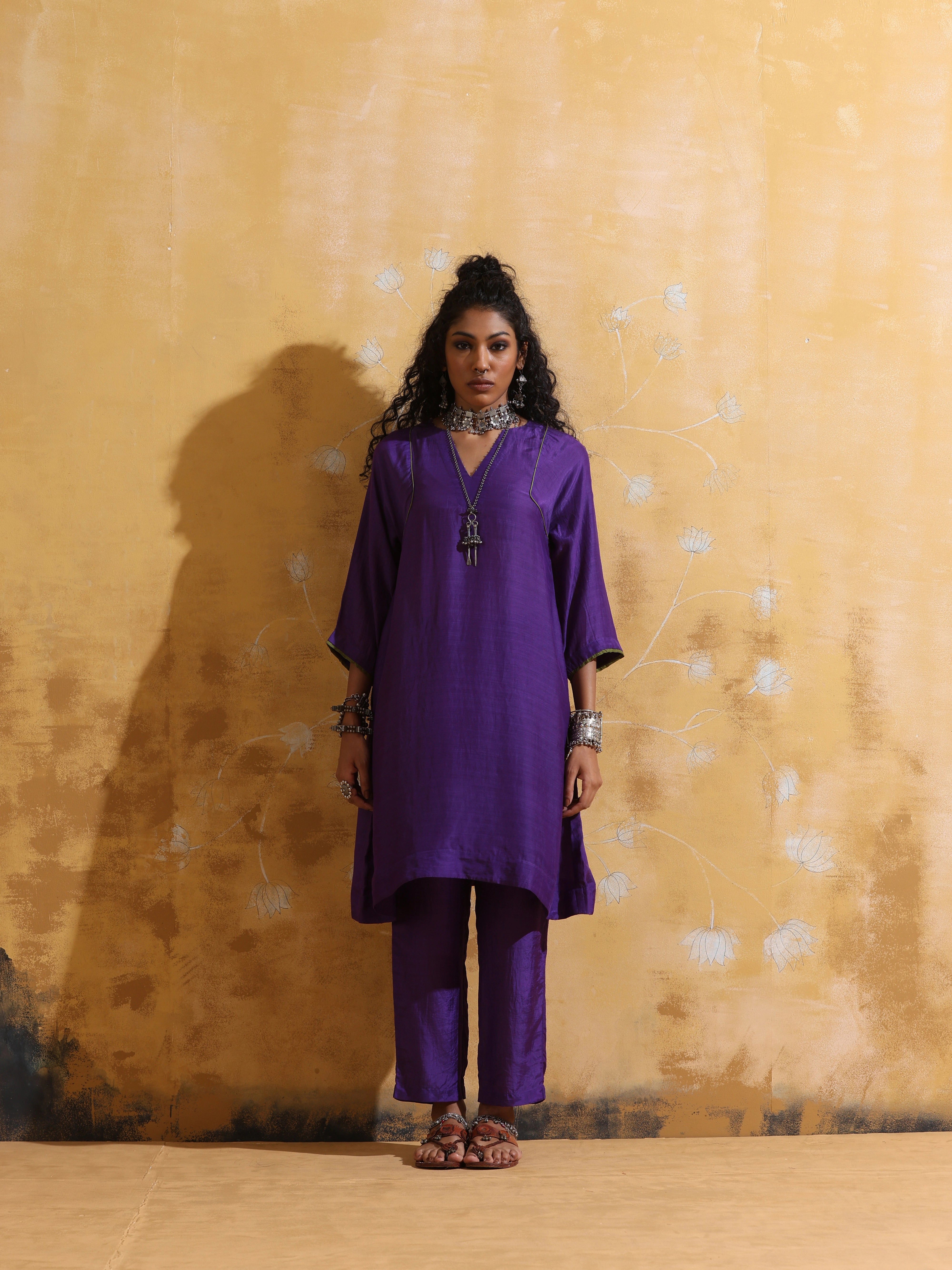 trueBrowns Purple Muslin Silk A-line Kurta Co-ord Set