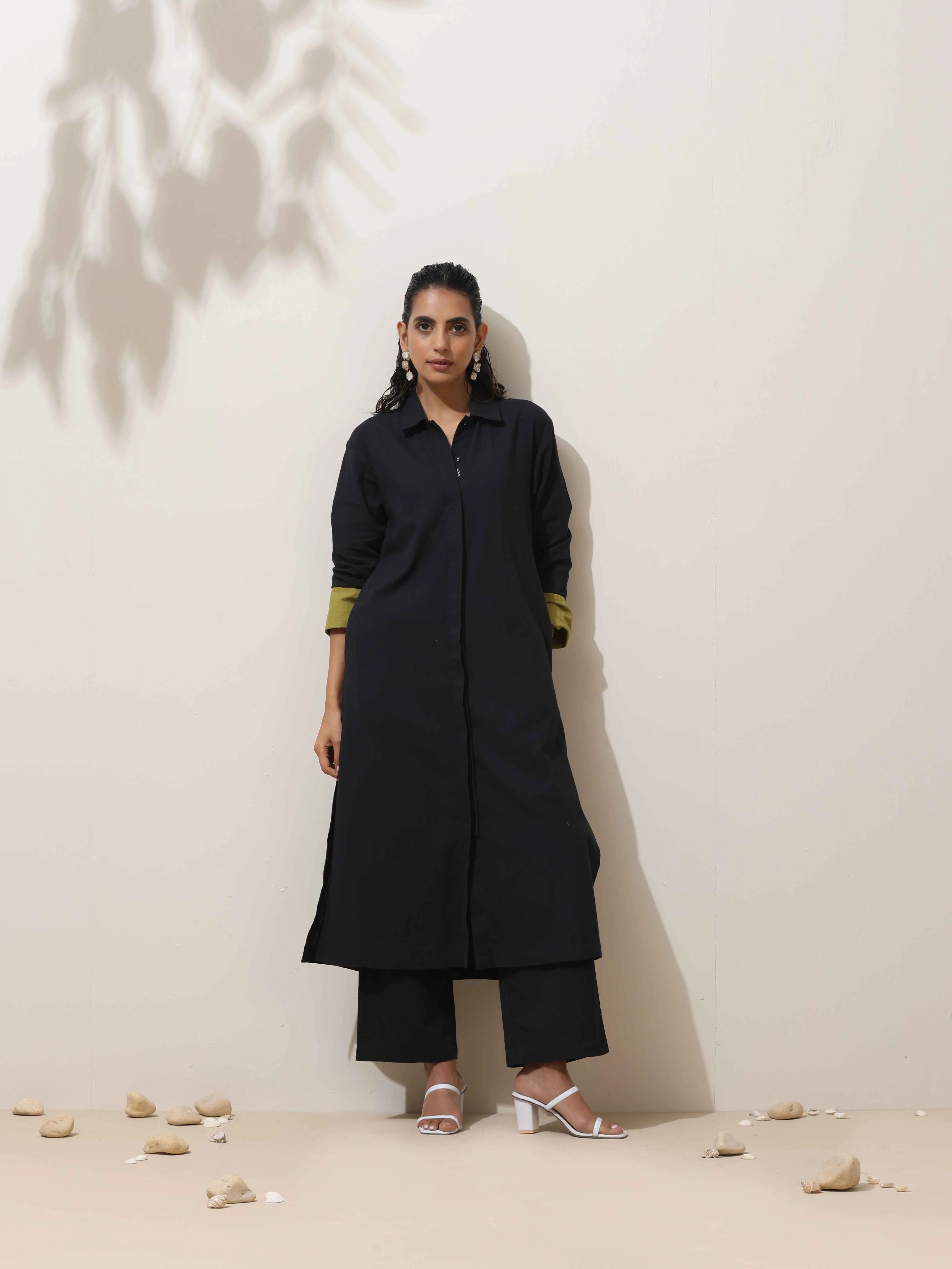 trueBrowns Black Cotton Linen Kurta Pant Set