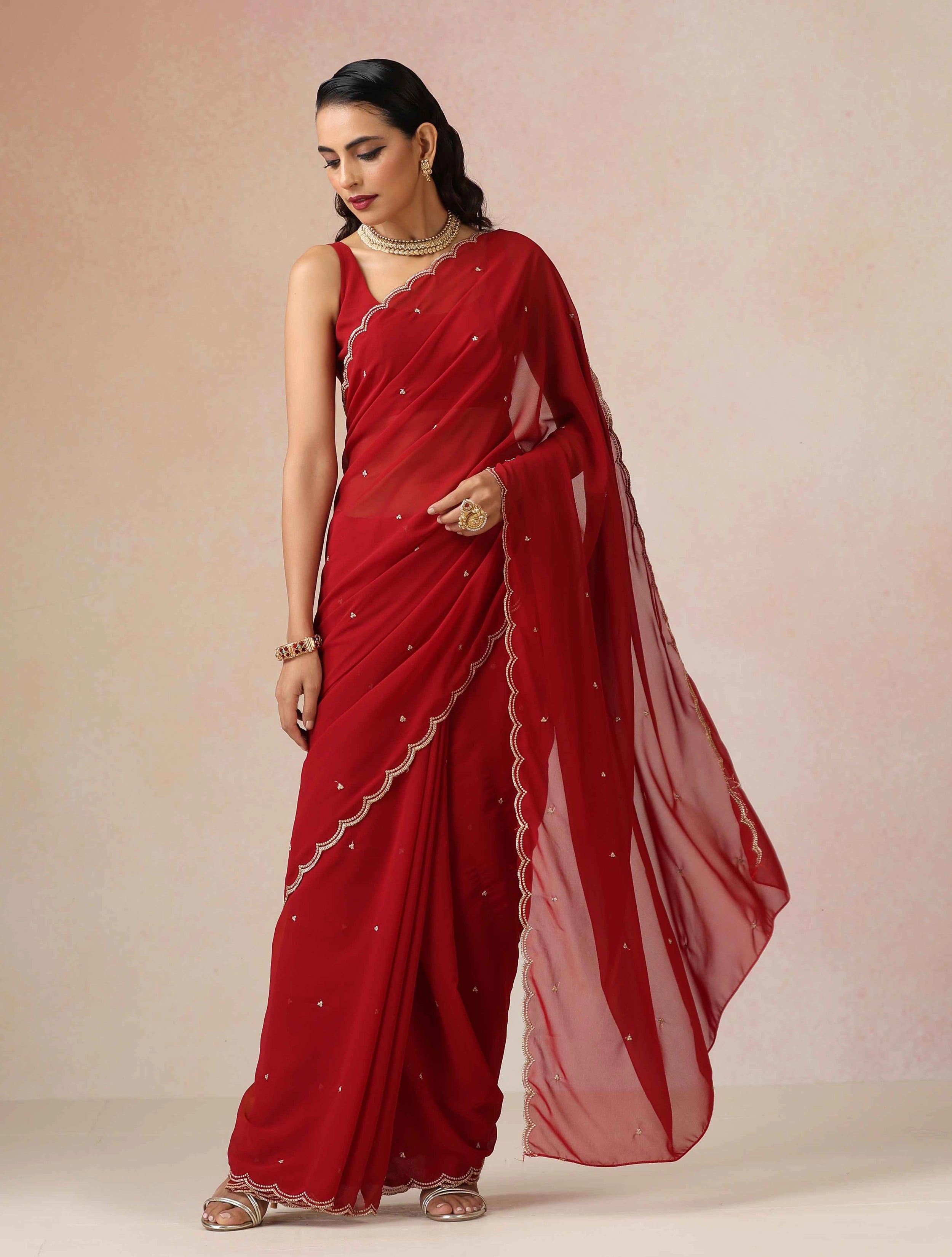 trueBrowns Maroon Georgette Embroidered Saree With unstitched Blouse