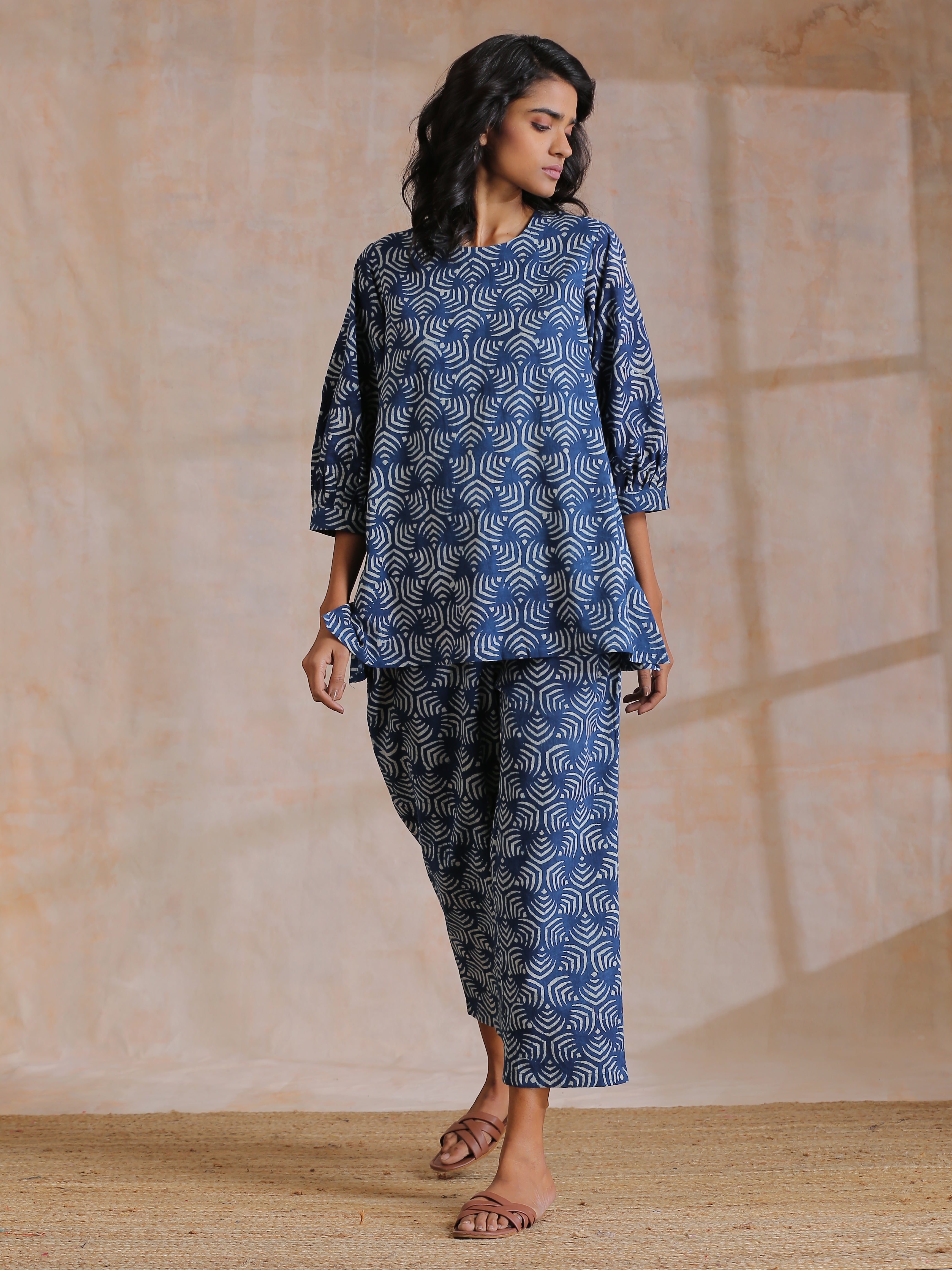 Indigo Dabu Overall Print Cotton Baggy Sleeve Co-Ord Set