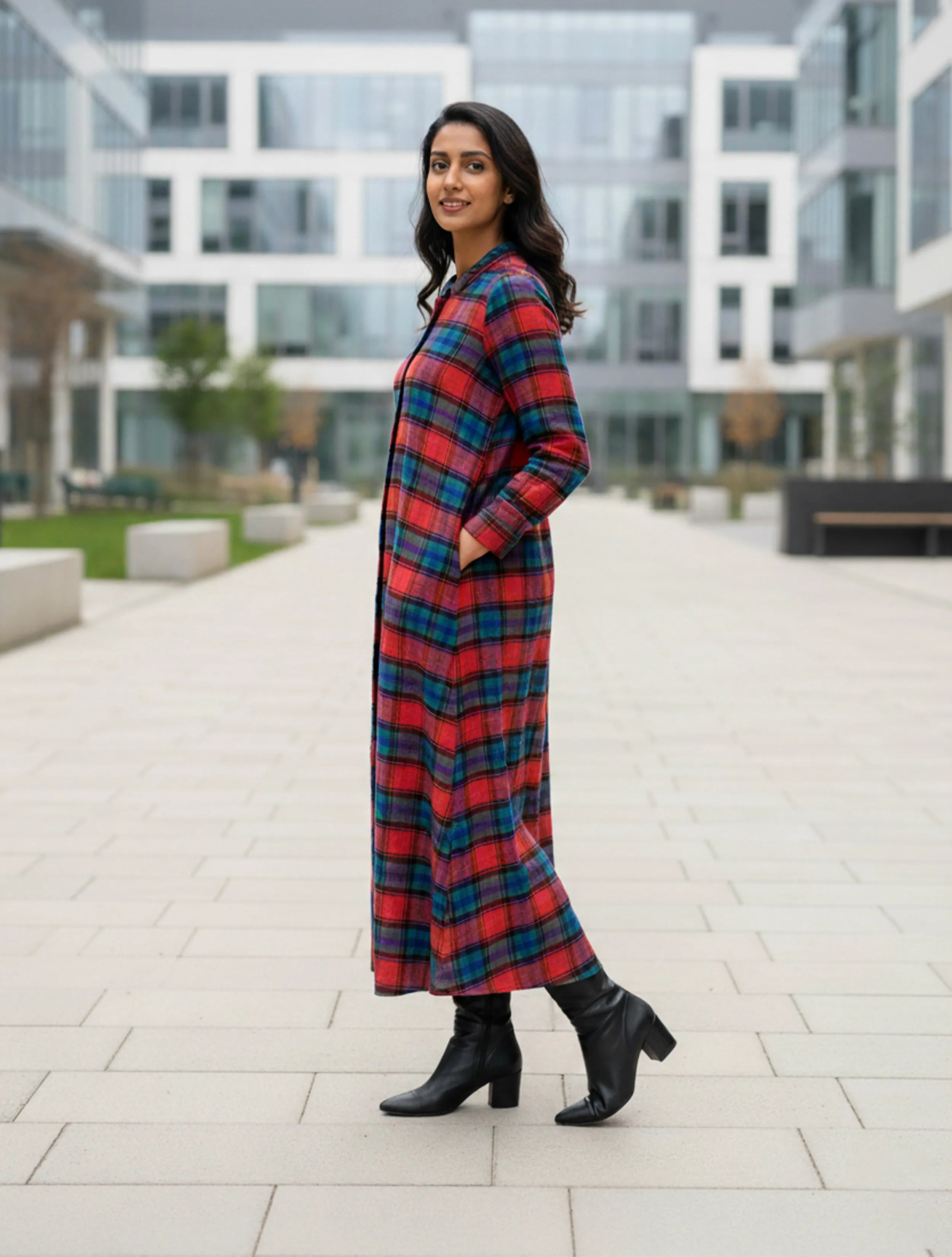 trueBrowns Red Bule Check Woollen Dress