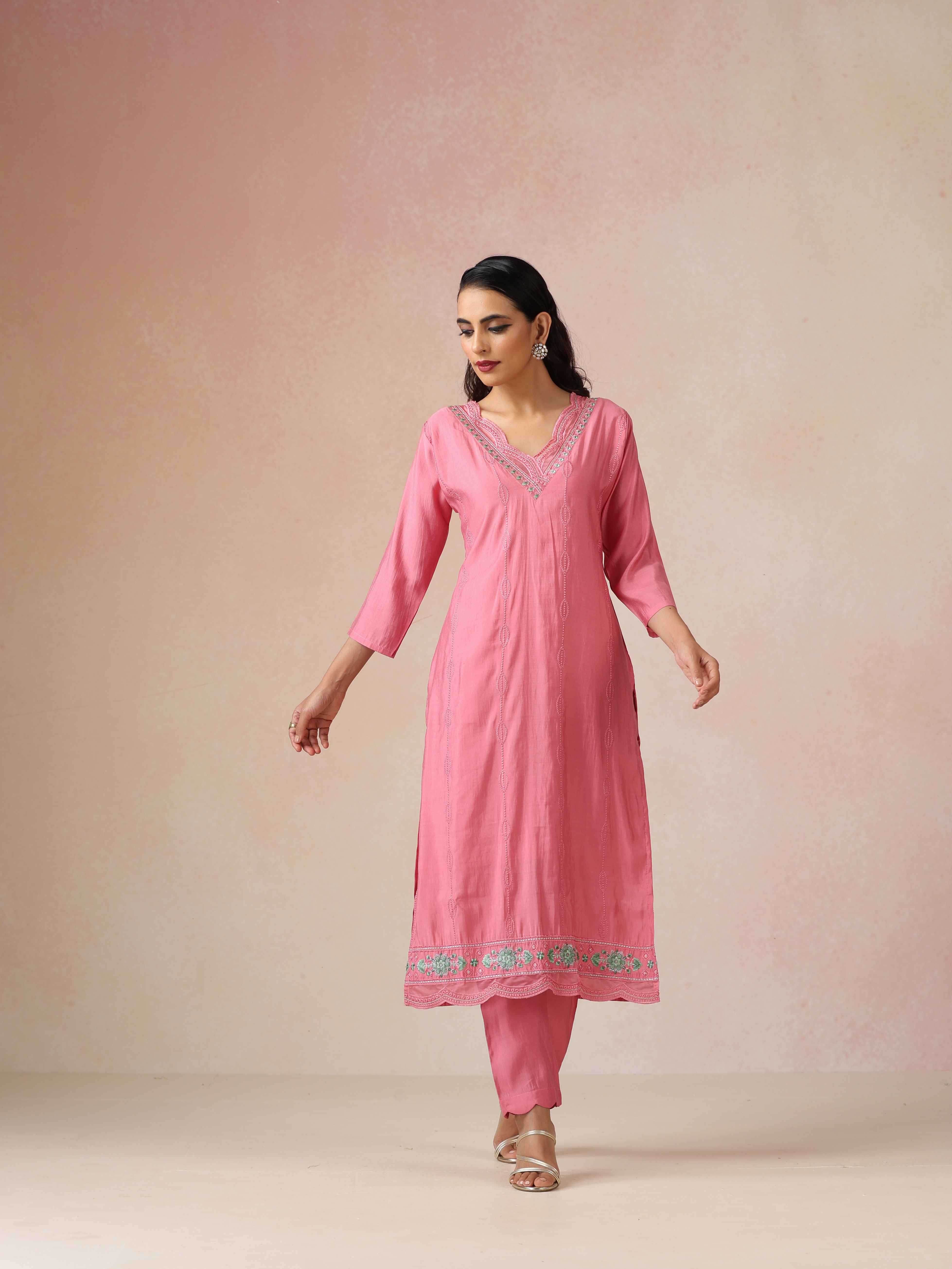 trueBrowns Pink Embroidered Kurta Pant Dupatta Set