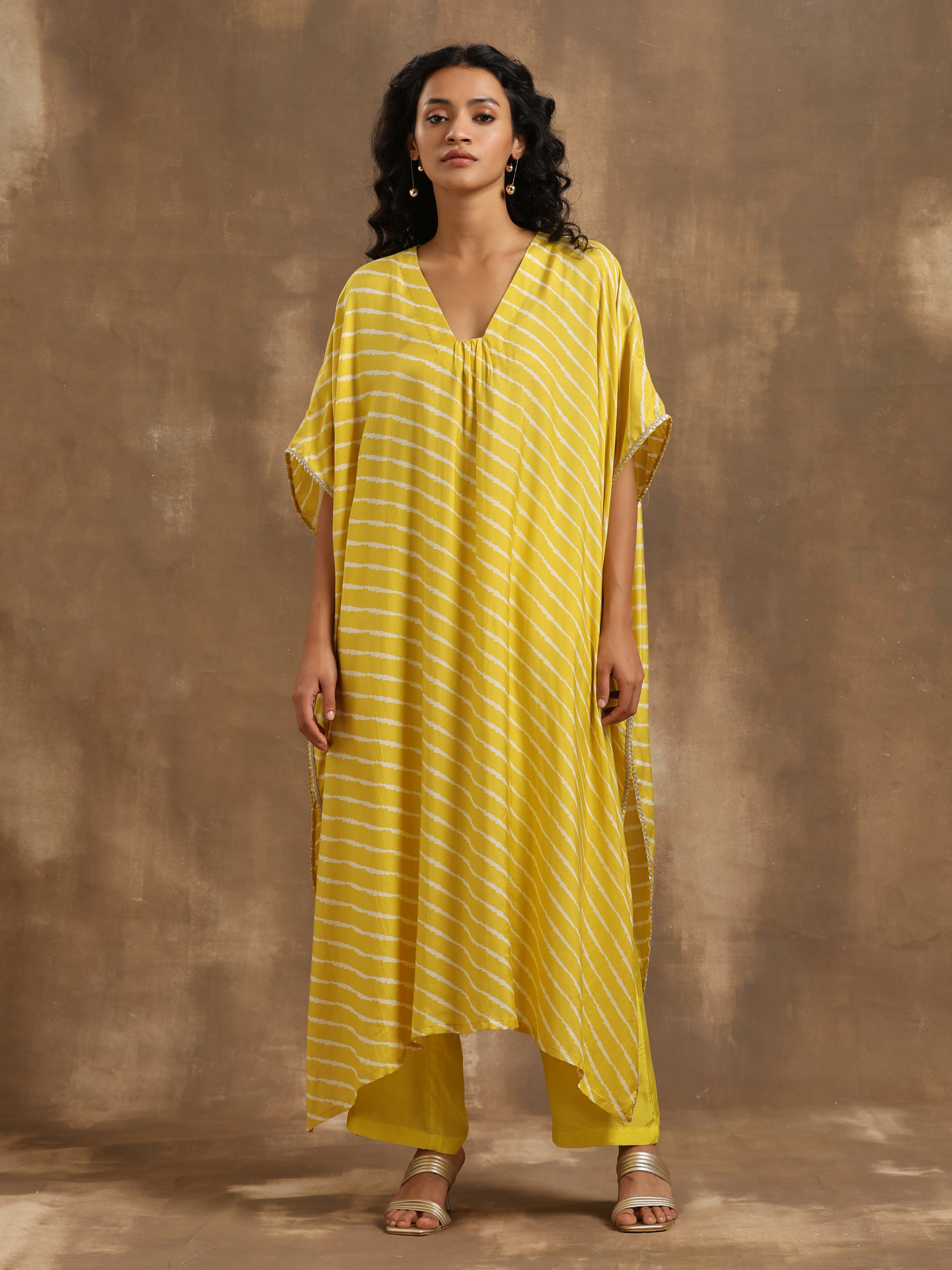 Lime Lehariya Printed Silk Kaftan Pant Set