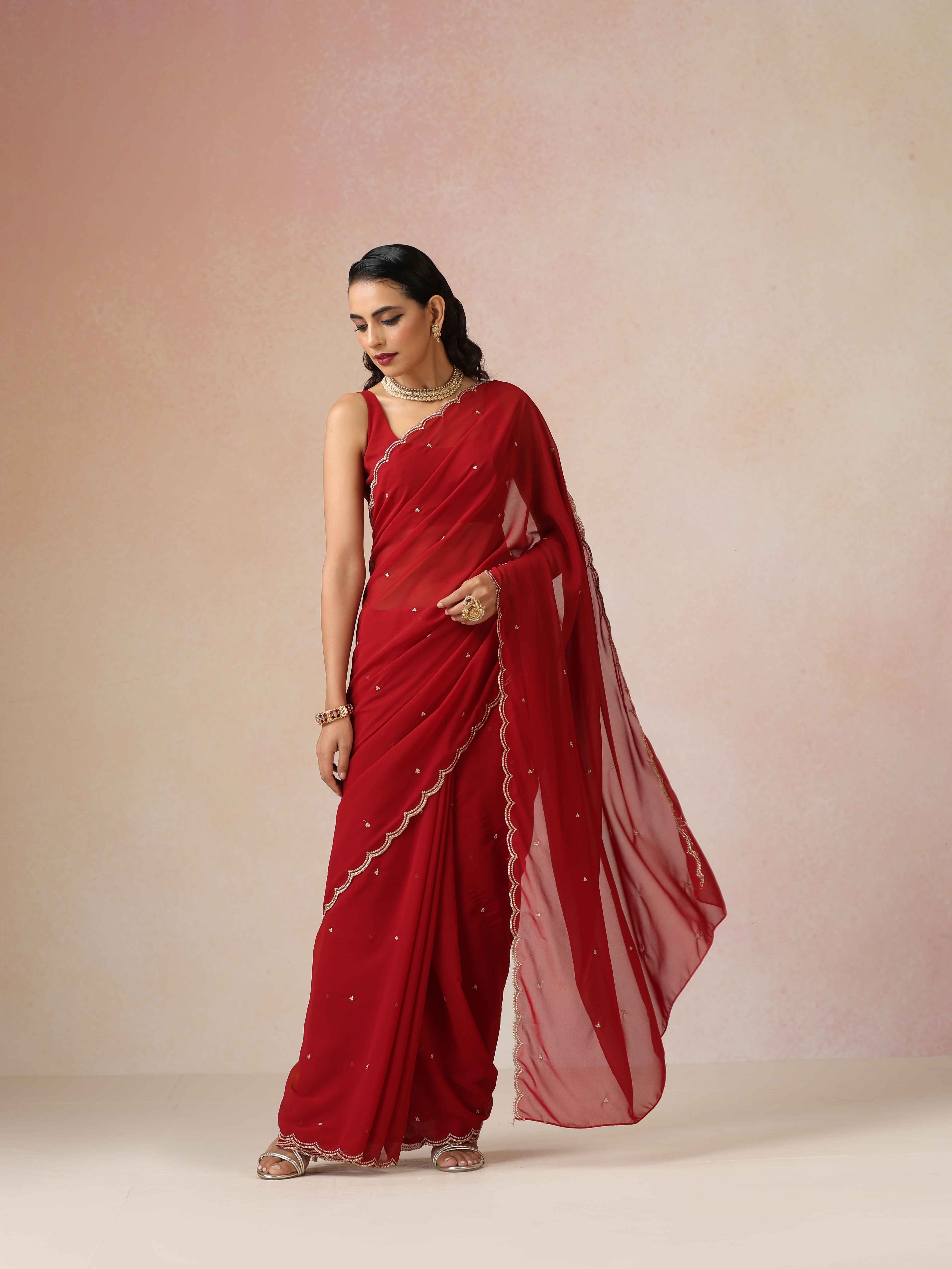 trueBrowns Maroon Georgette Embroidered Saree With unstitched Blouse