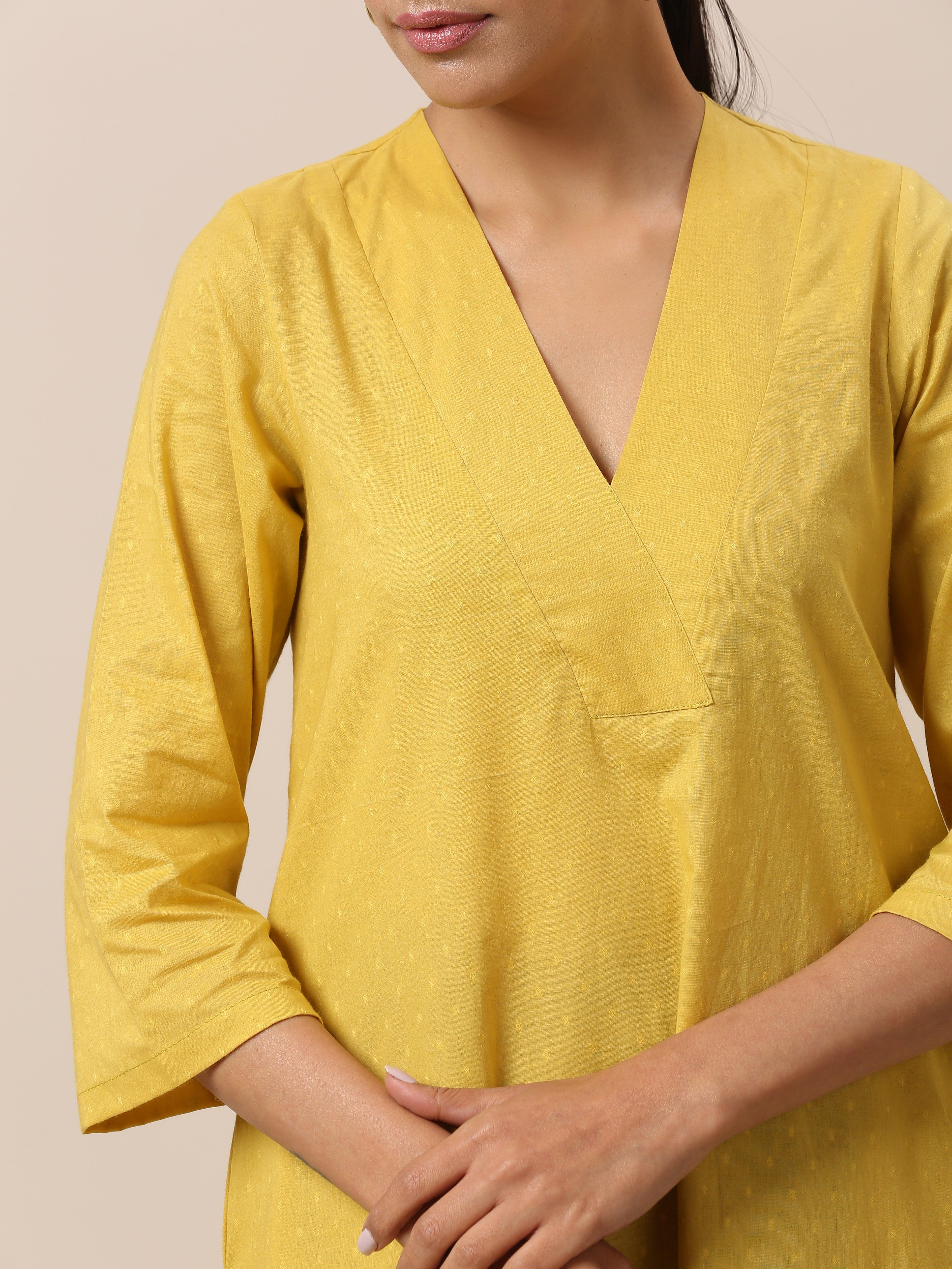 Cotton Dobby Yellow Kurta Pant Set - trueBrowns