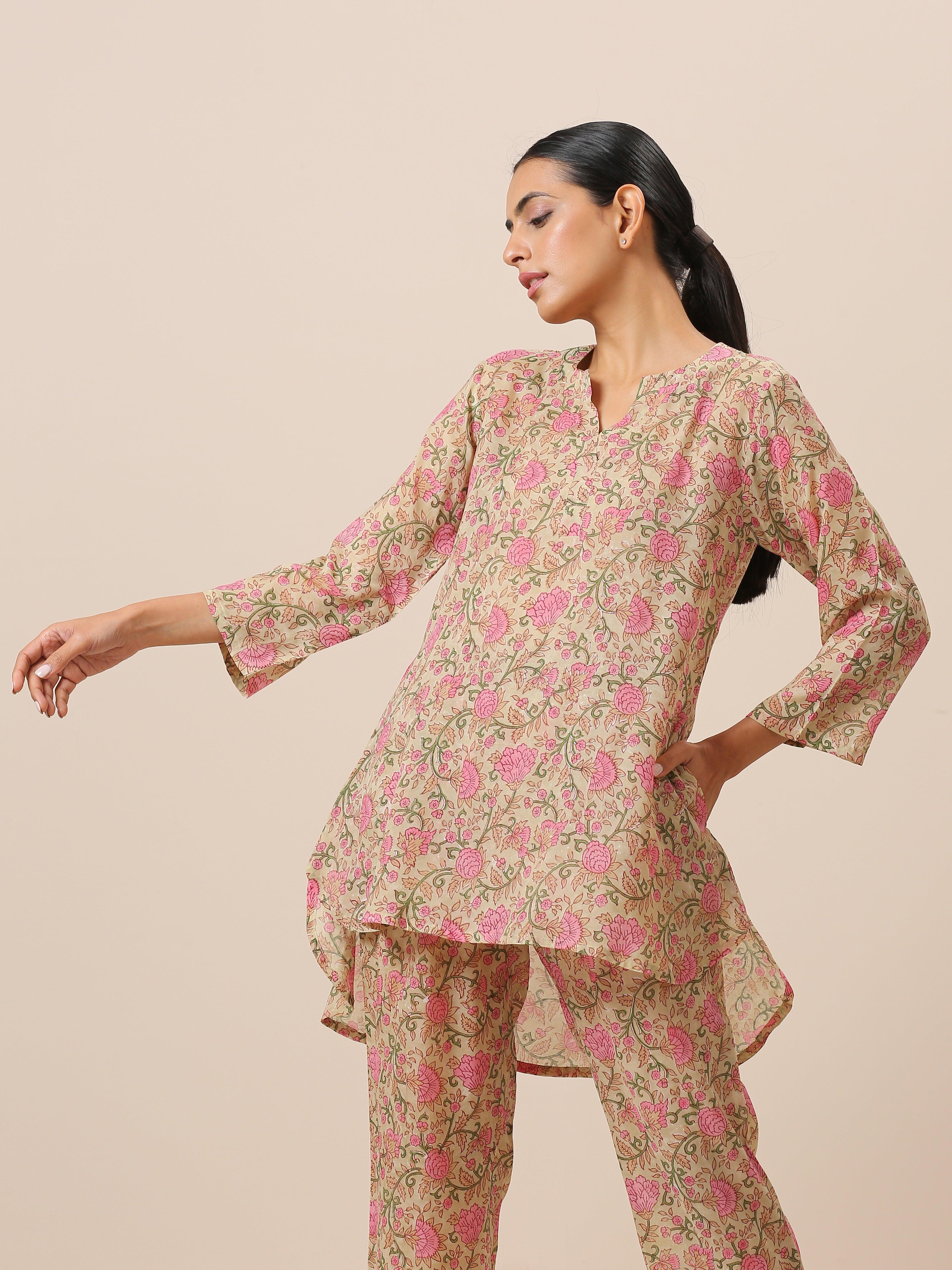 Cotton Hand Block Printed Green Pink Co-Ord Set - trueBrowns