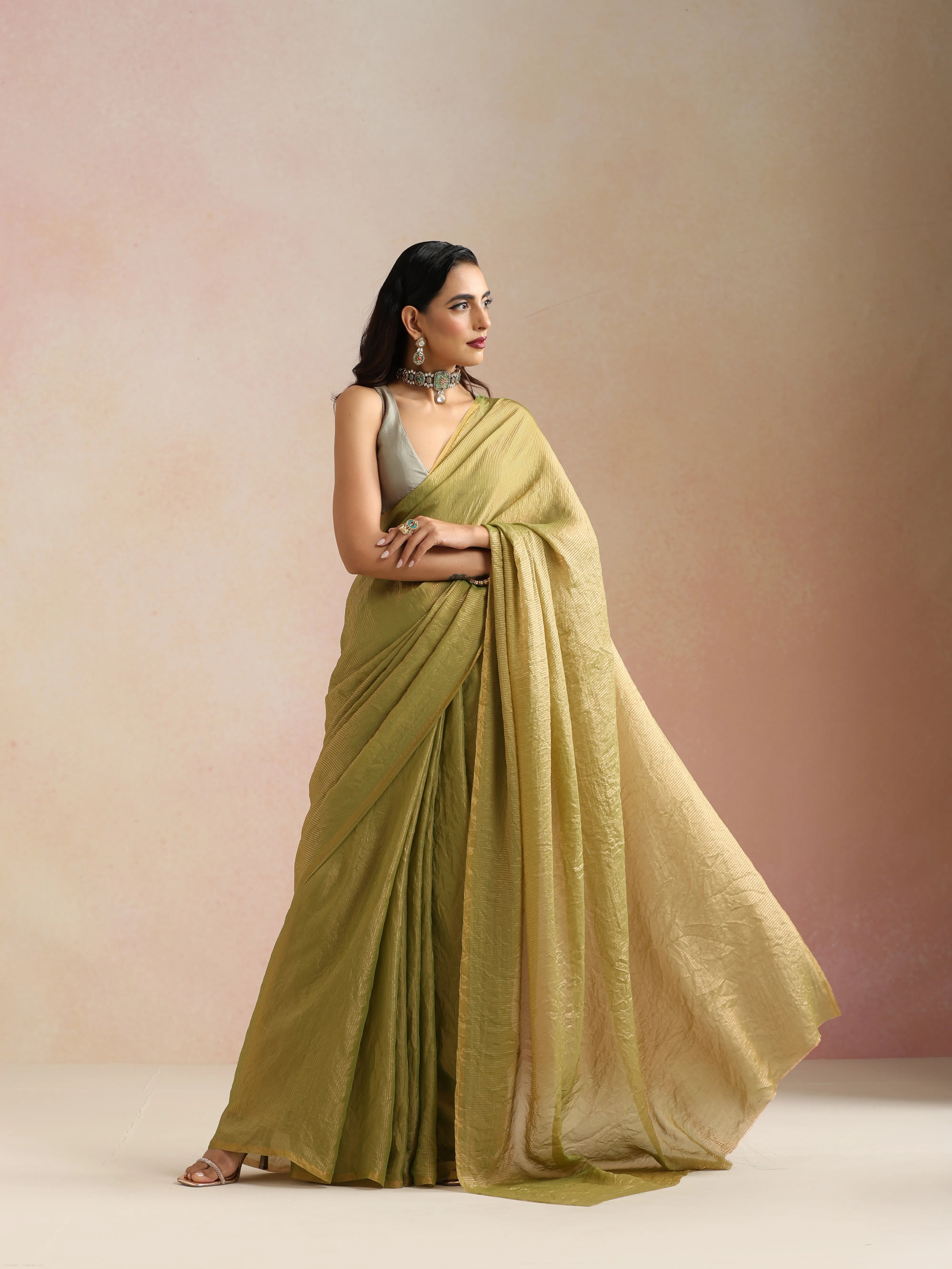 trueBrowns Green Tissue Stripe Saree With Unstitched Blouse