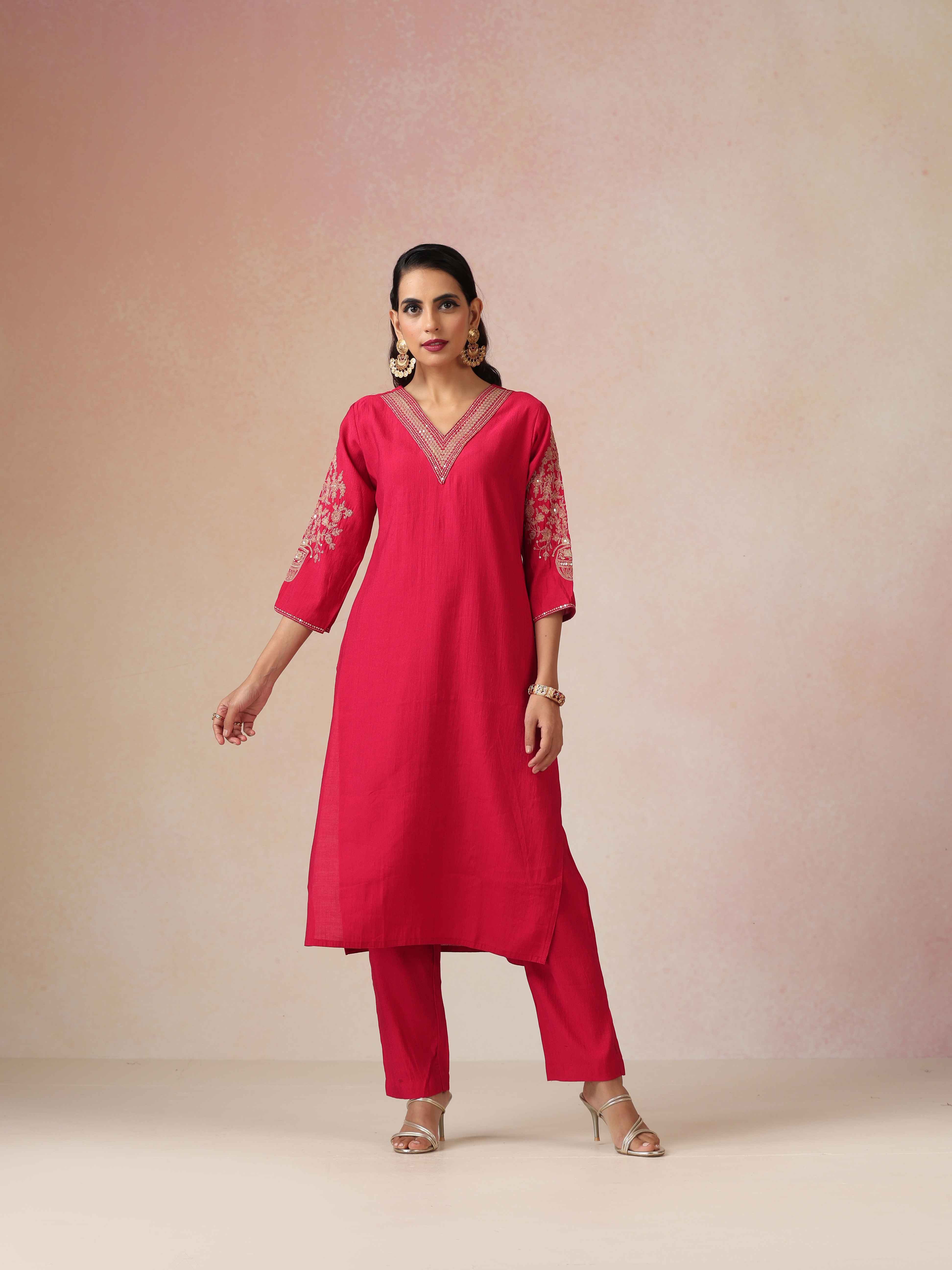 trueBrowns Red Embroidered Straight Kurta Pant Dupatta Set