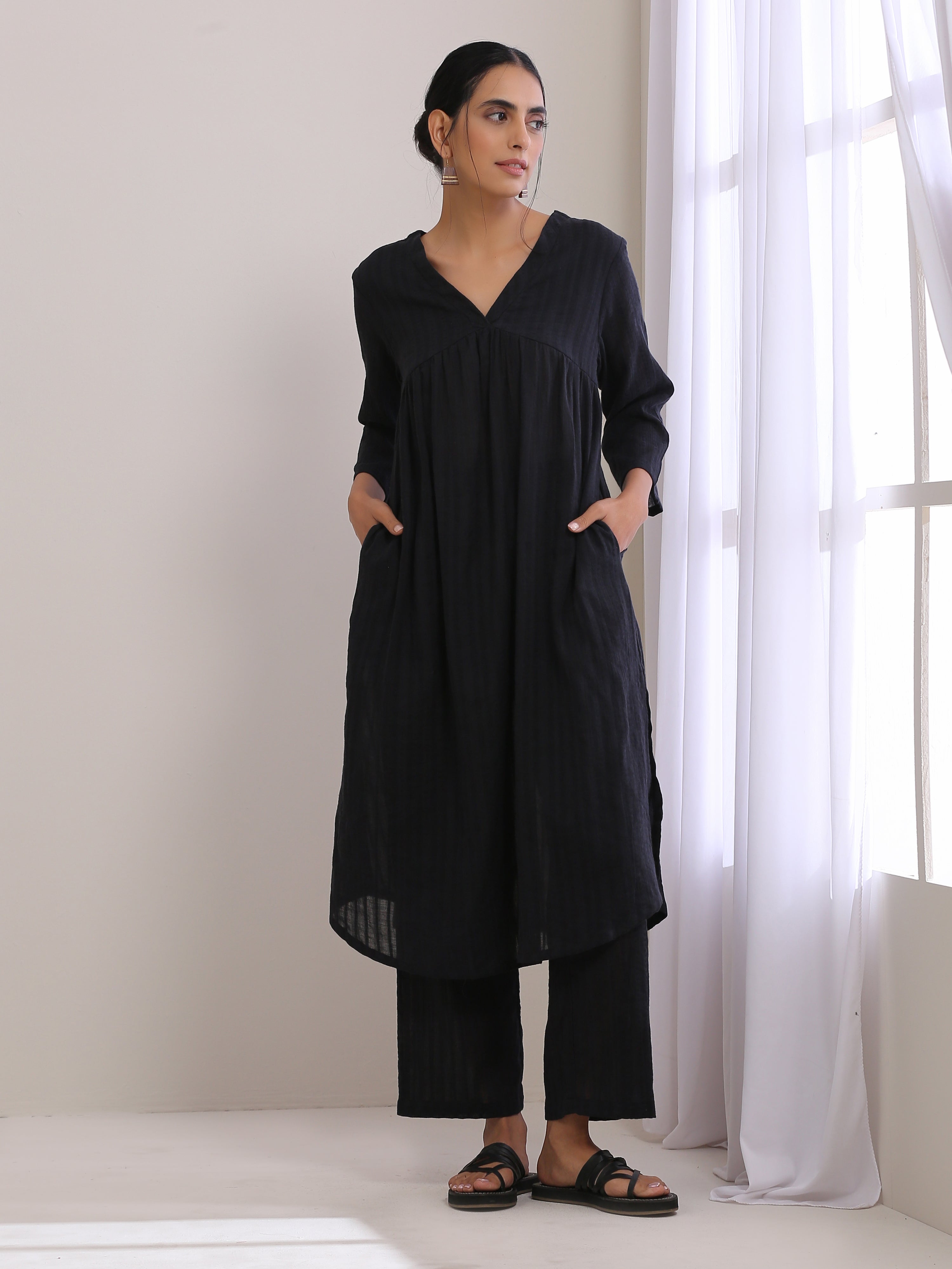 Black Dobby Flared Slit Kurta Pant Set