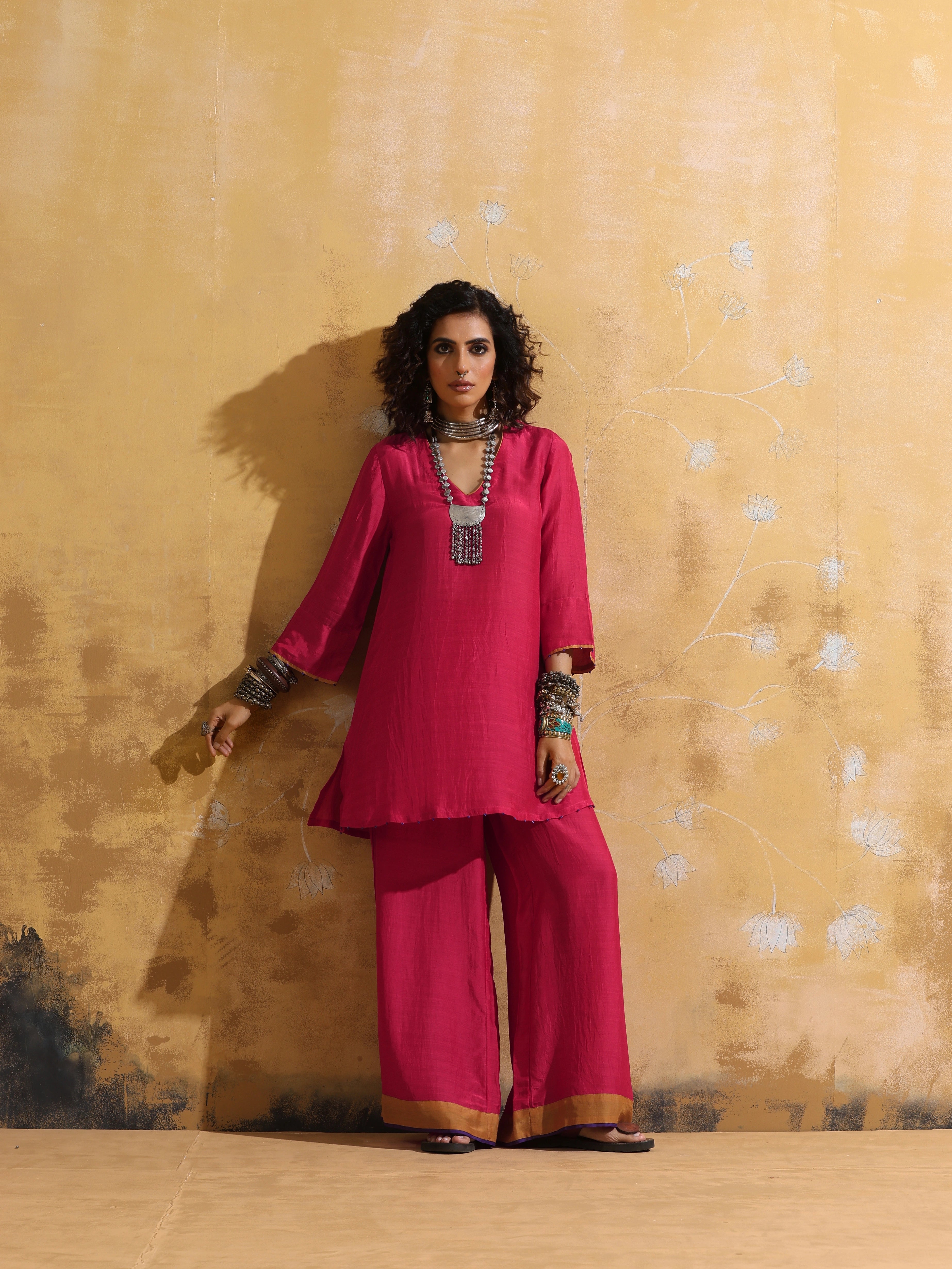 trueBrowns Pink Muslin Silk Co-ord Set with Flared Pants