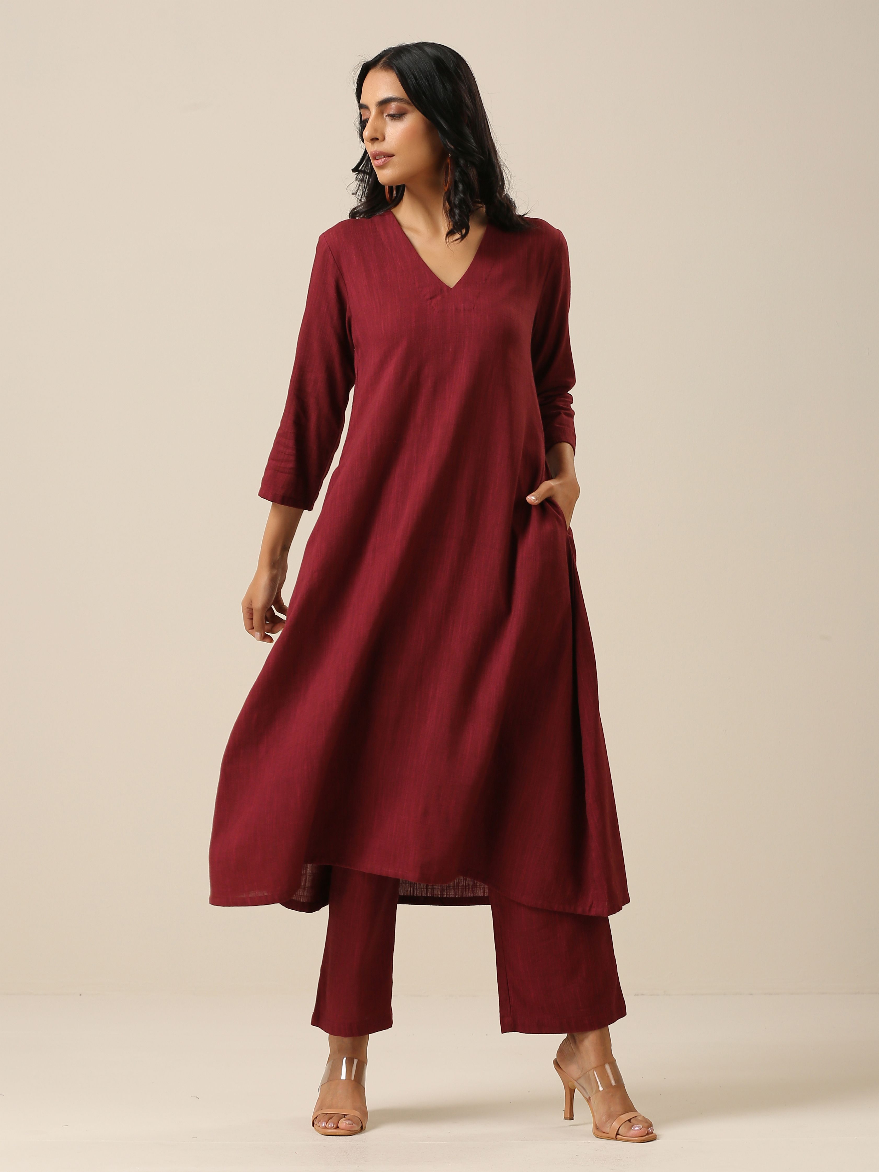 Ruby Wine Slub Texture Back Pleat Kurta Pant Set