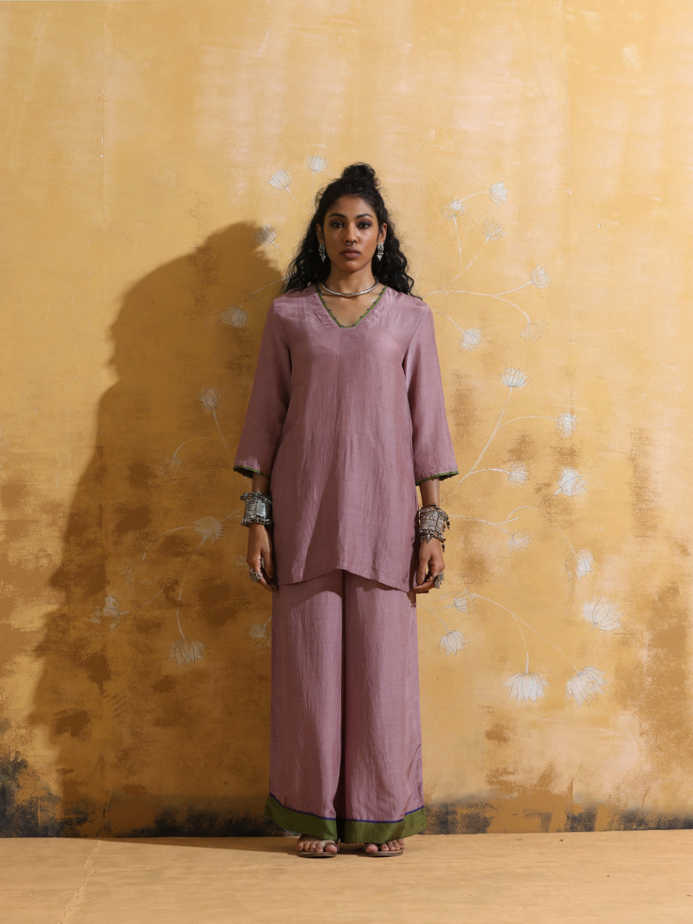 trueBrowns Lilac Muslin Silk Co-ord Set with Flared Pants