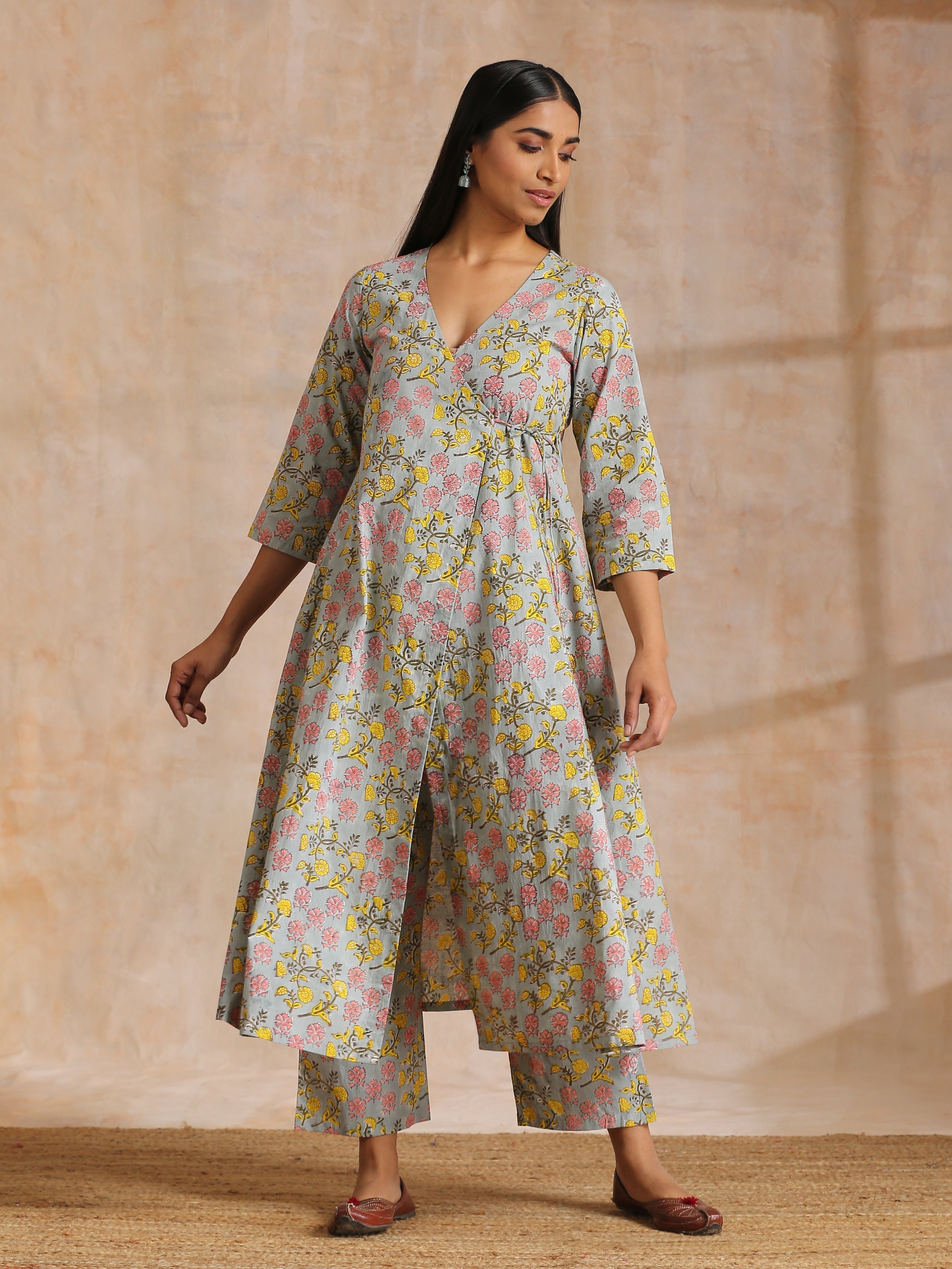 Grey Overall Floral Block Print Cotton Angrakha Kurta Pant Set