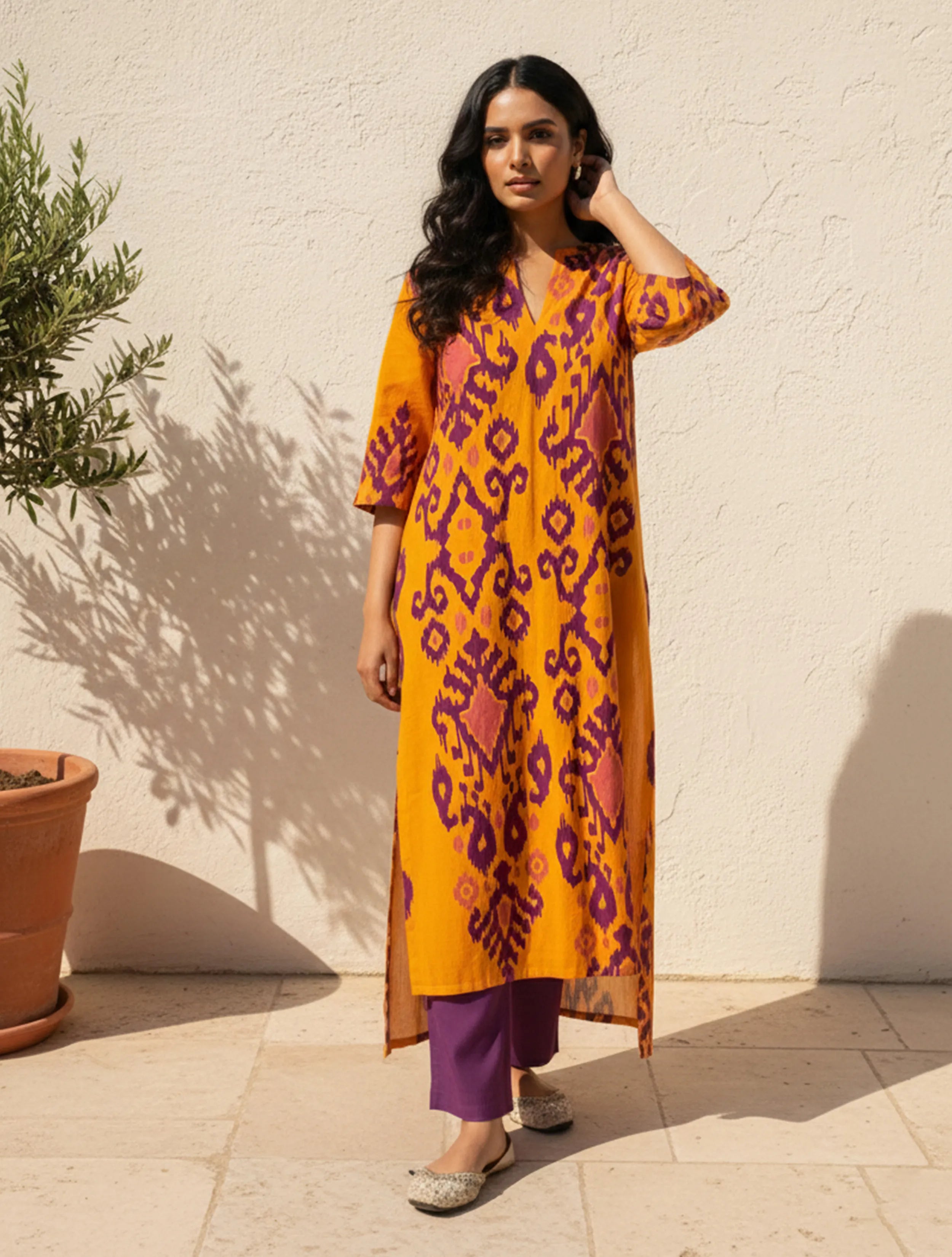 trueBrowns Yellow Purple Ikat Print Cotton High-Low Kurta Set