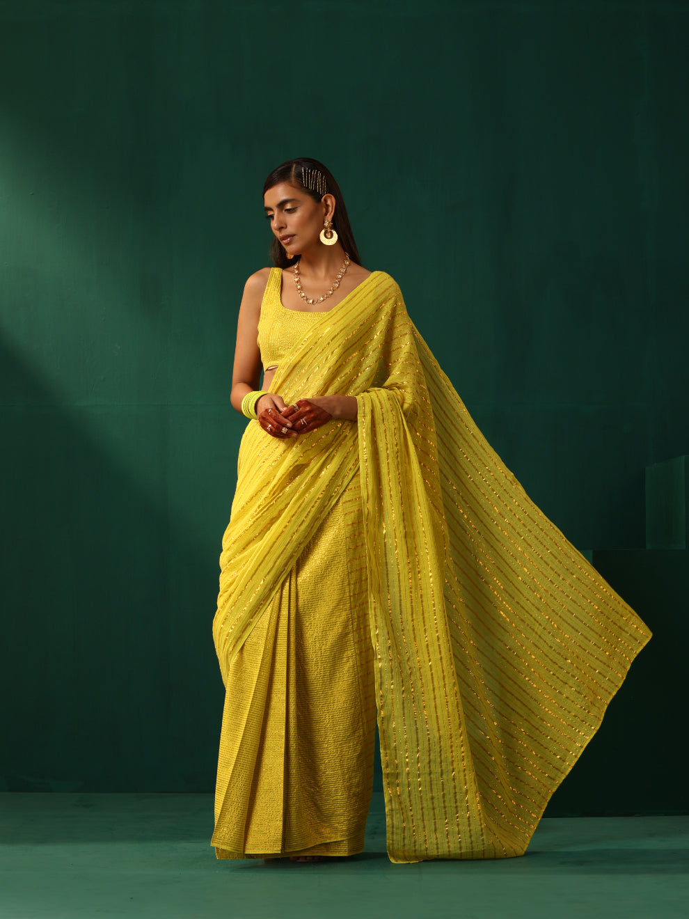 trueBrowns Lime Cotton Gold Striped Saree With Unstitched Blouse