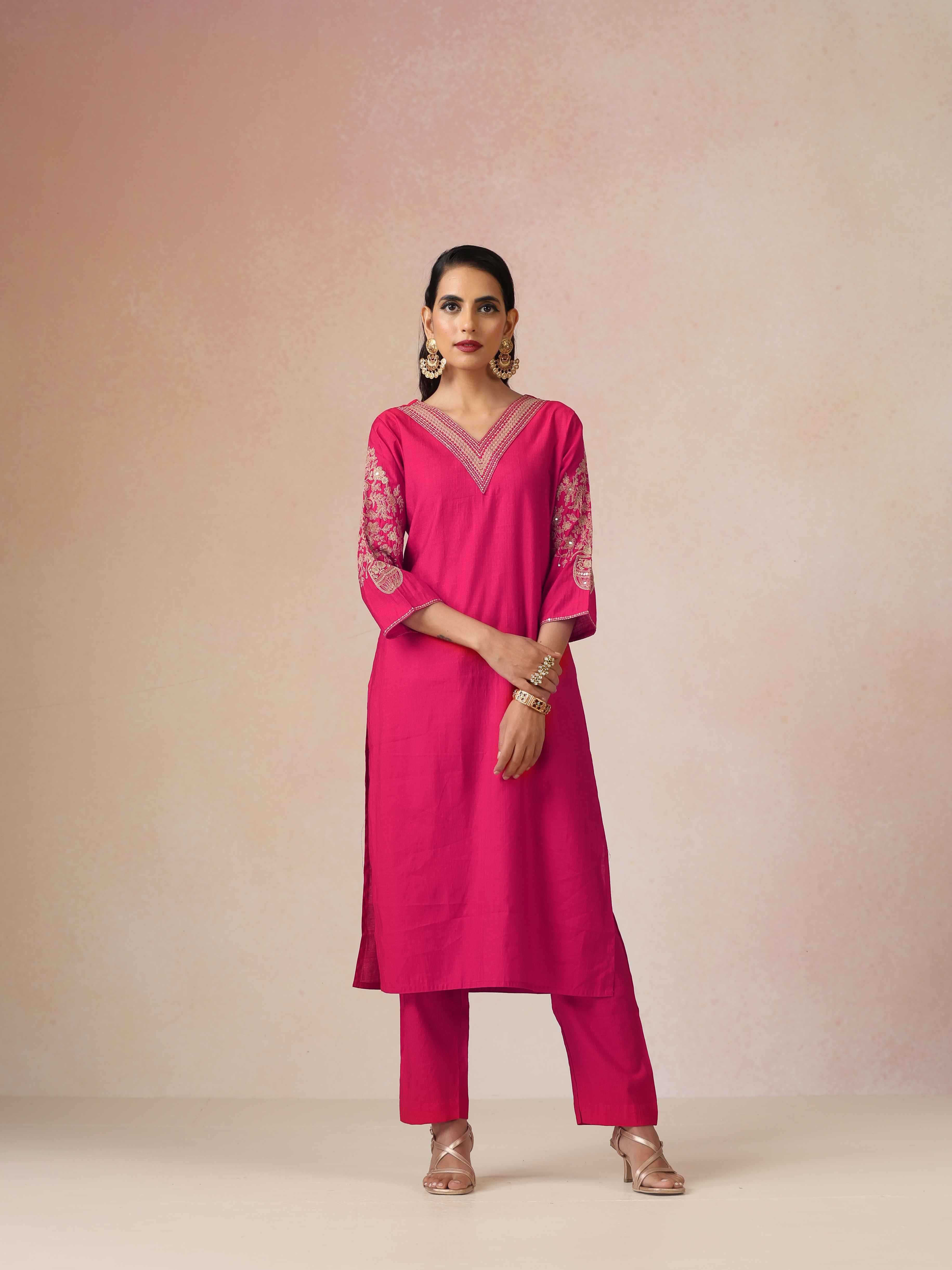 trueBrowns Pink Embroidered Straight Kurta Pant Dupatta Set