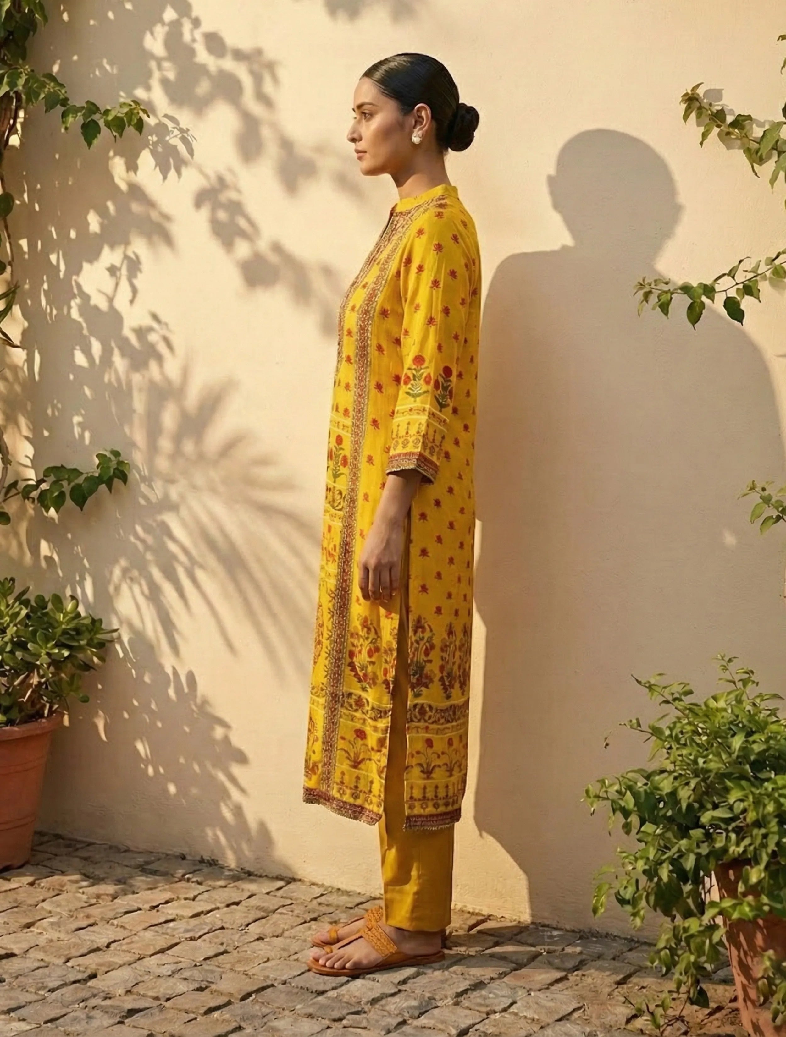 trueBrowns Yellow Floral Print Embroidered Kurta Pant Dupatta Set