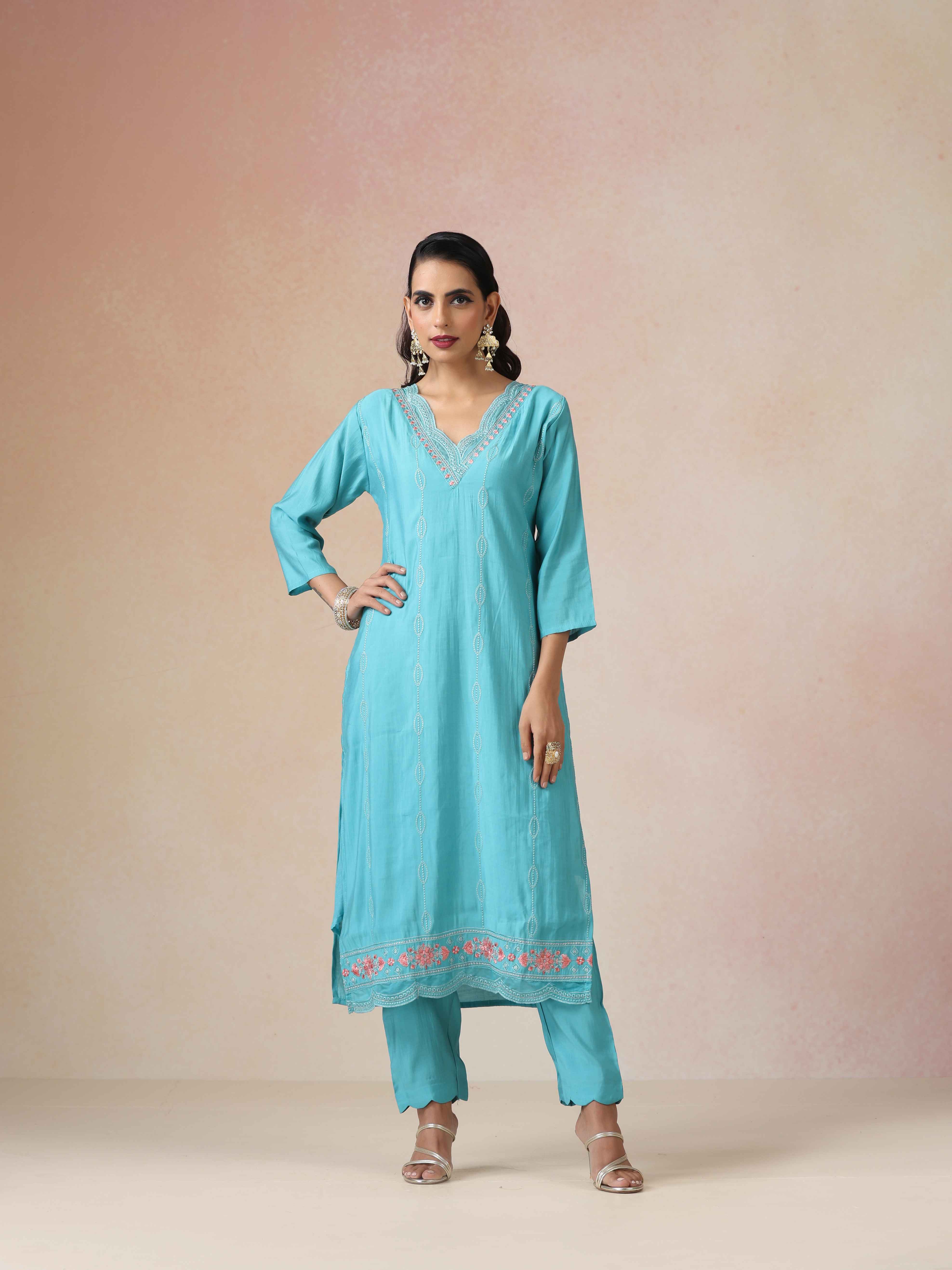 trueBrowns Blue Embroidered Kurta Pant Dupatta Set