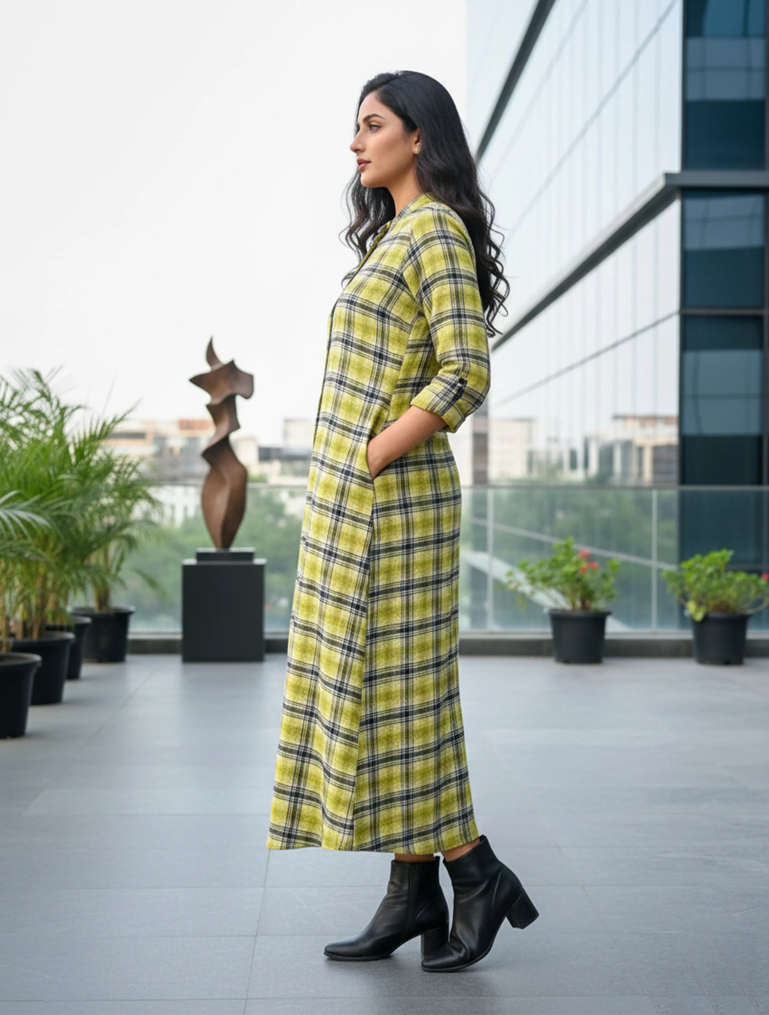 trueBrowns Lime Check Woollen Dress