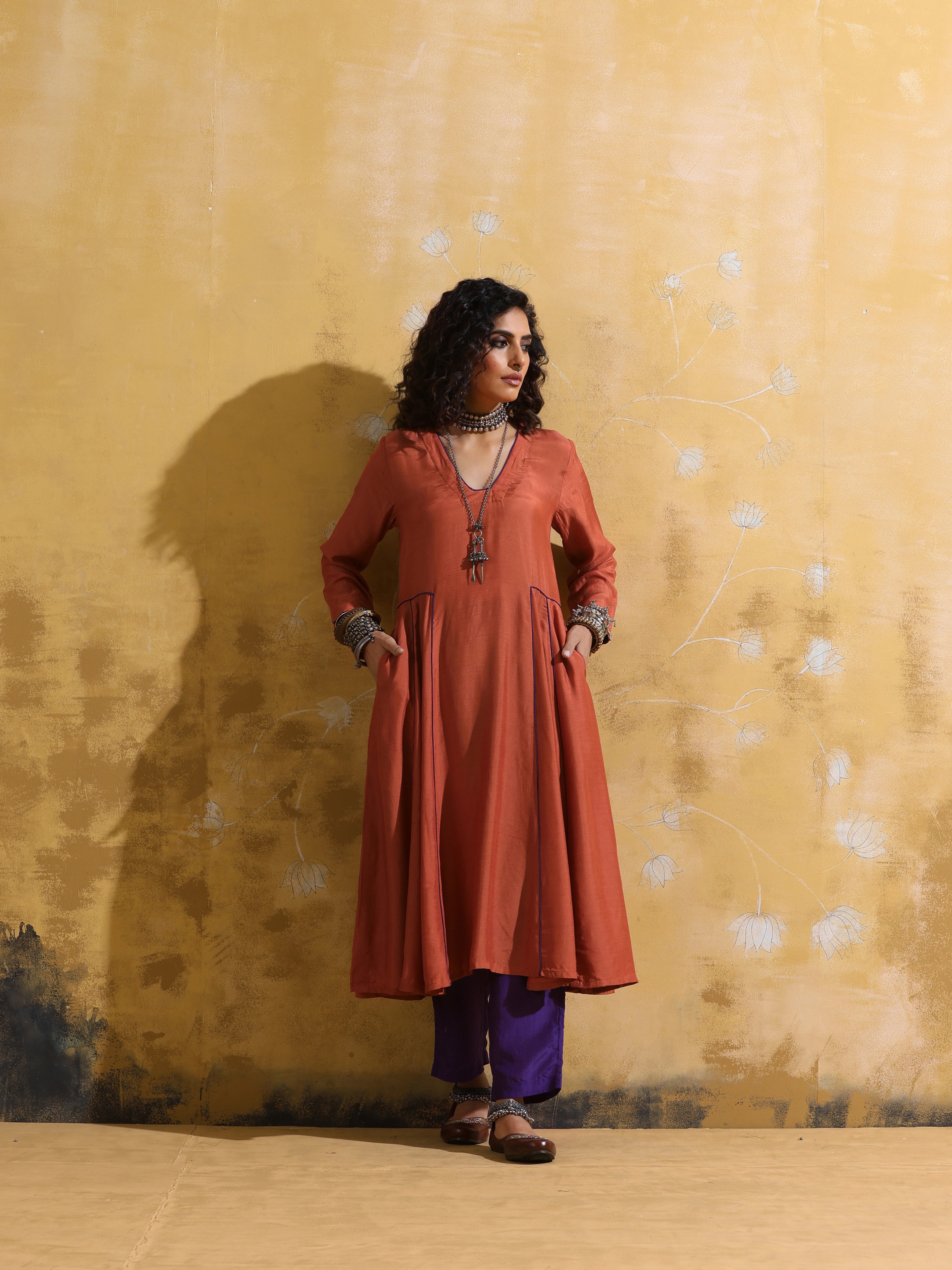 trueBrowns Rust Muslin Silk Fit and Flare Kurta Pant Set