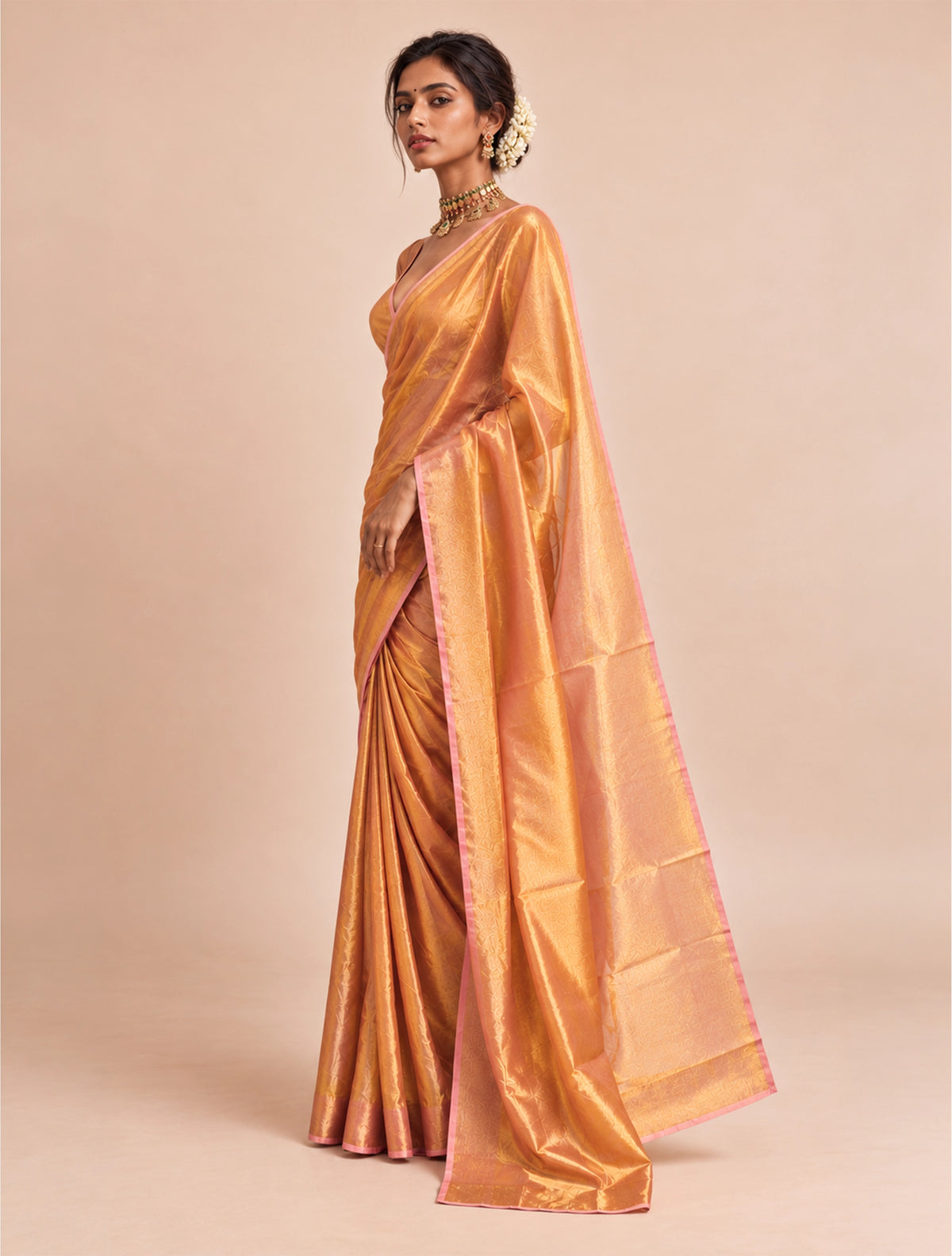 trueBrowns Gold Tissue Handloom Saree With Unstitched Blouse