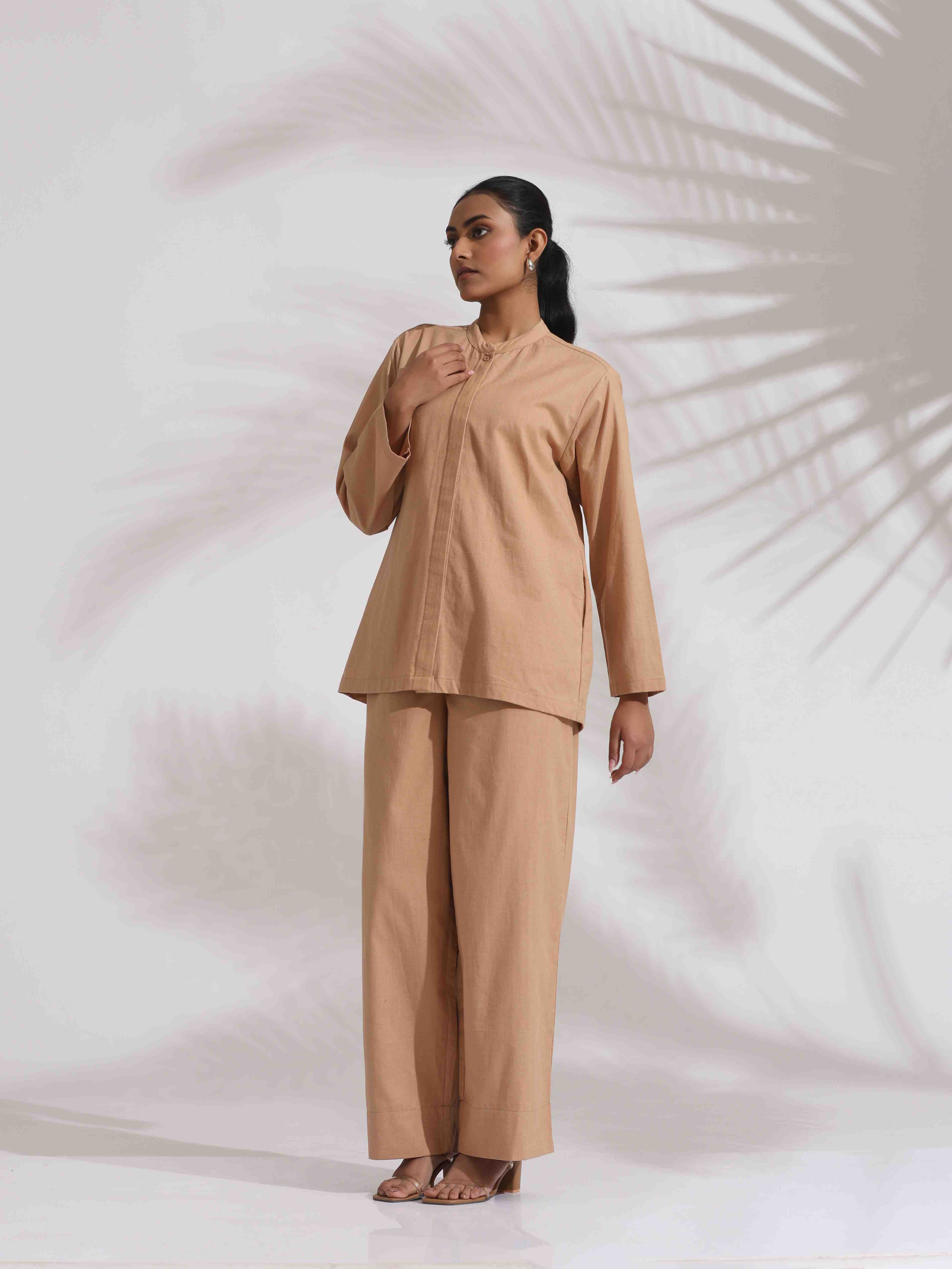 trueBrowns Beige Cotton Embroidered Shirt Top Co-ord Set