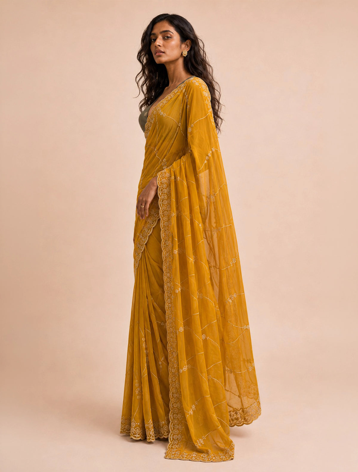 trueBrowns Mustard Gold Jaal Embroidered Georgette Saree With Unstitched Blouse