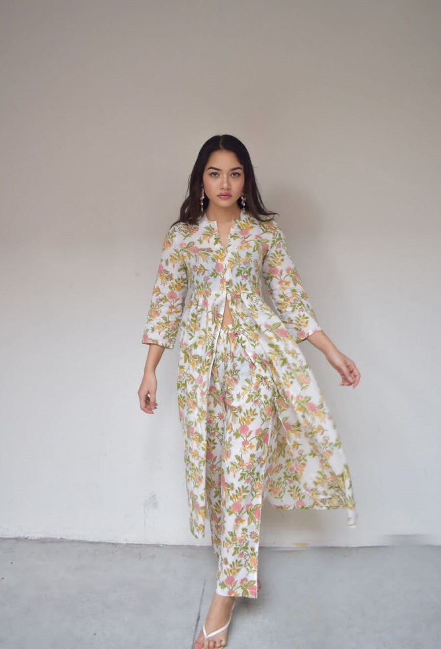 White Multi Color Overall Block Print Cotton Kurta Pant Set