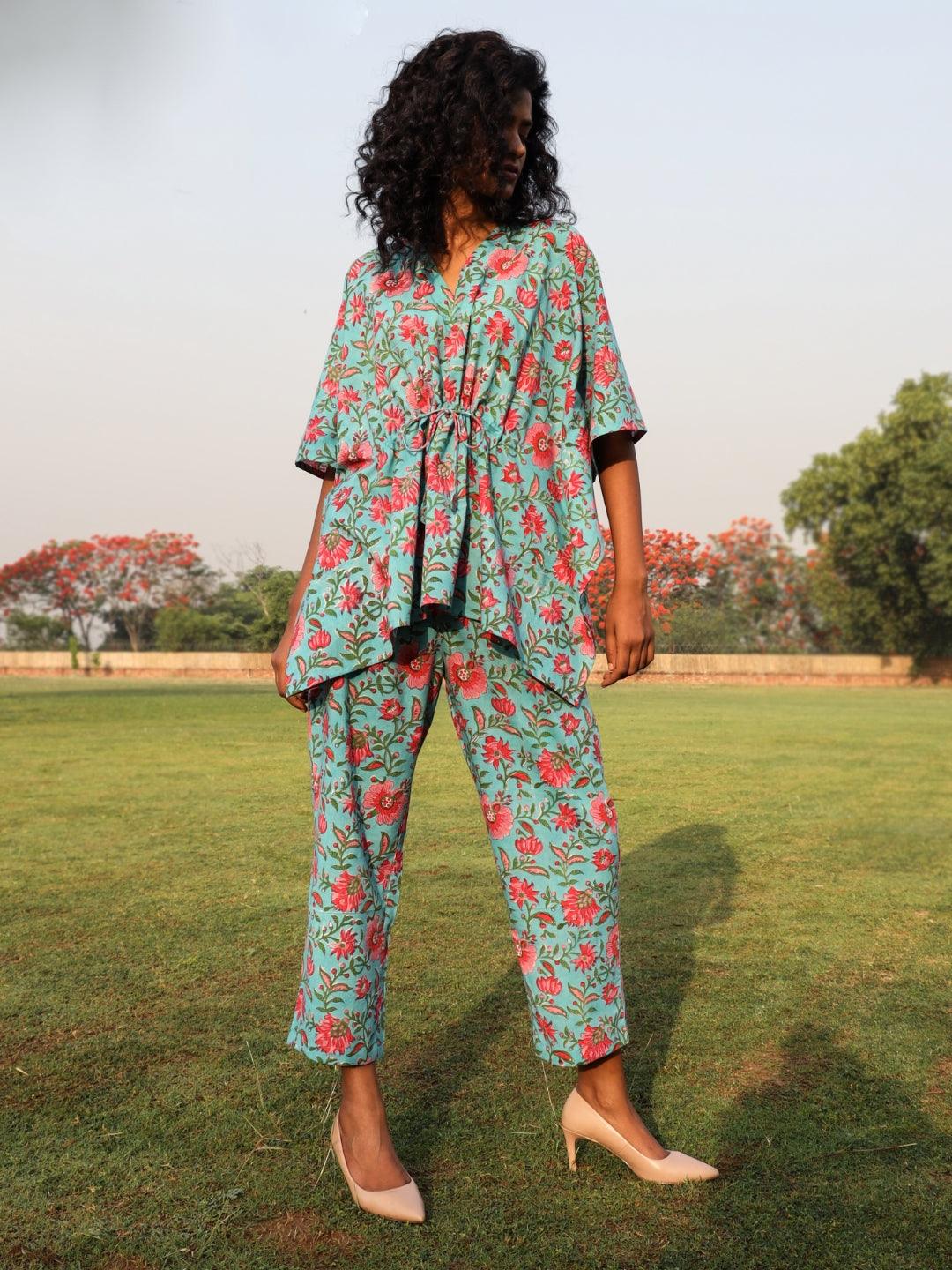 Aqua Cotton Block Print Kaftan Co-Ord Set - trueBrowns