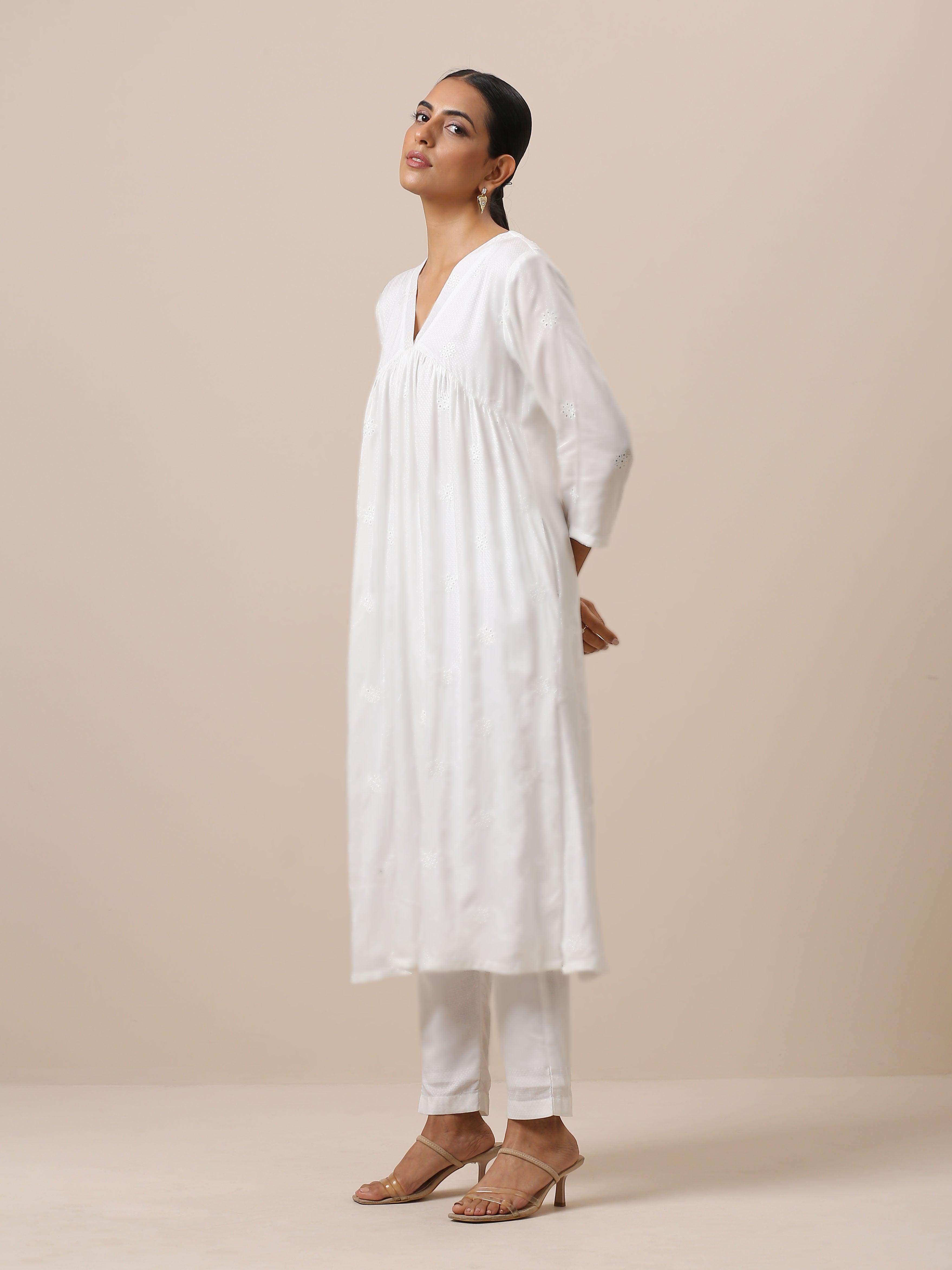 Cotton White Floral Embroidered Kurta Pant Set - trueBrowns