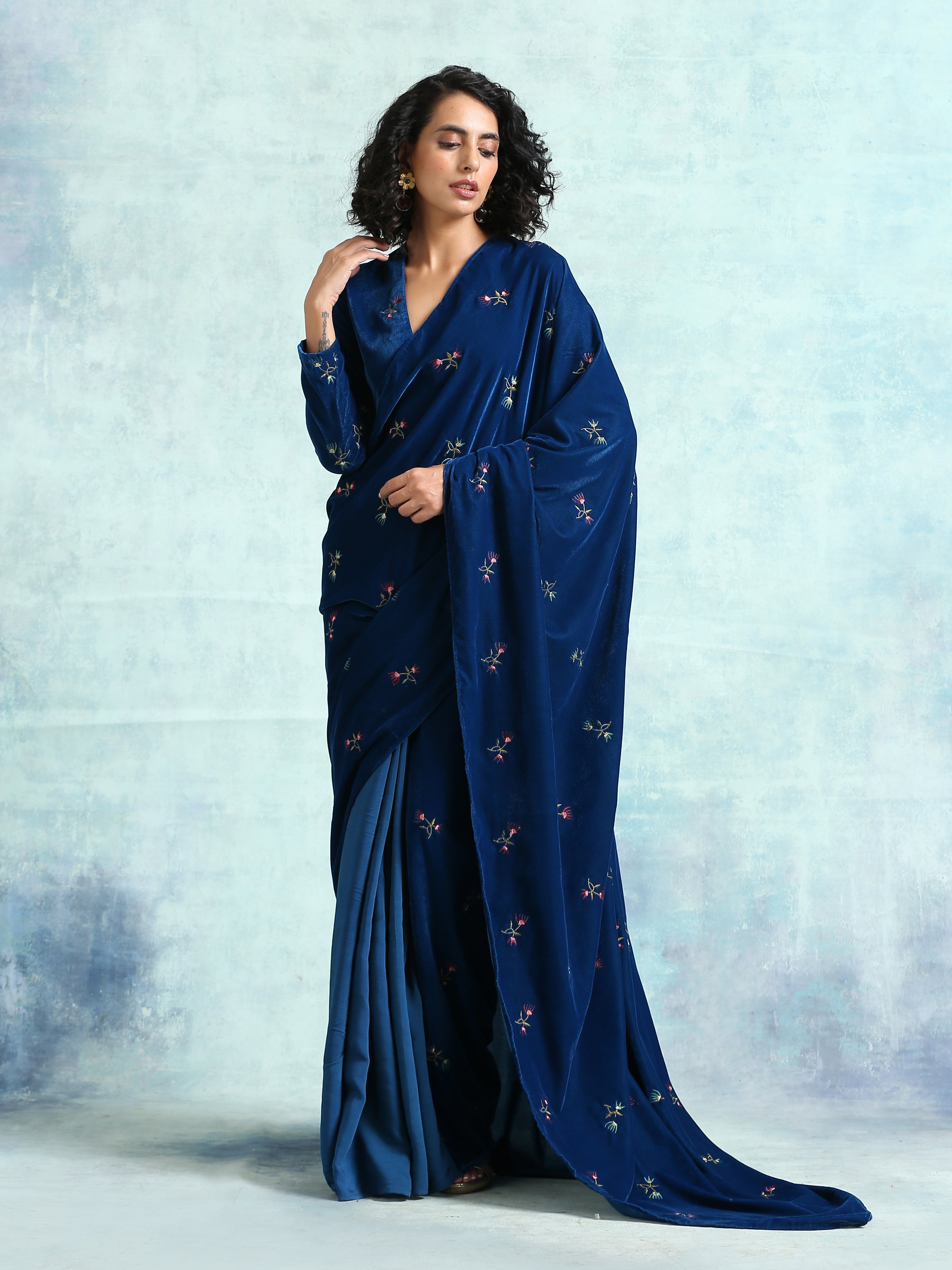 Blue Embroidered Velvet Pre-Stitched Saree