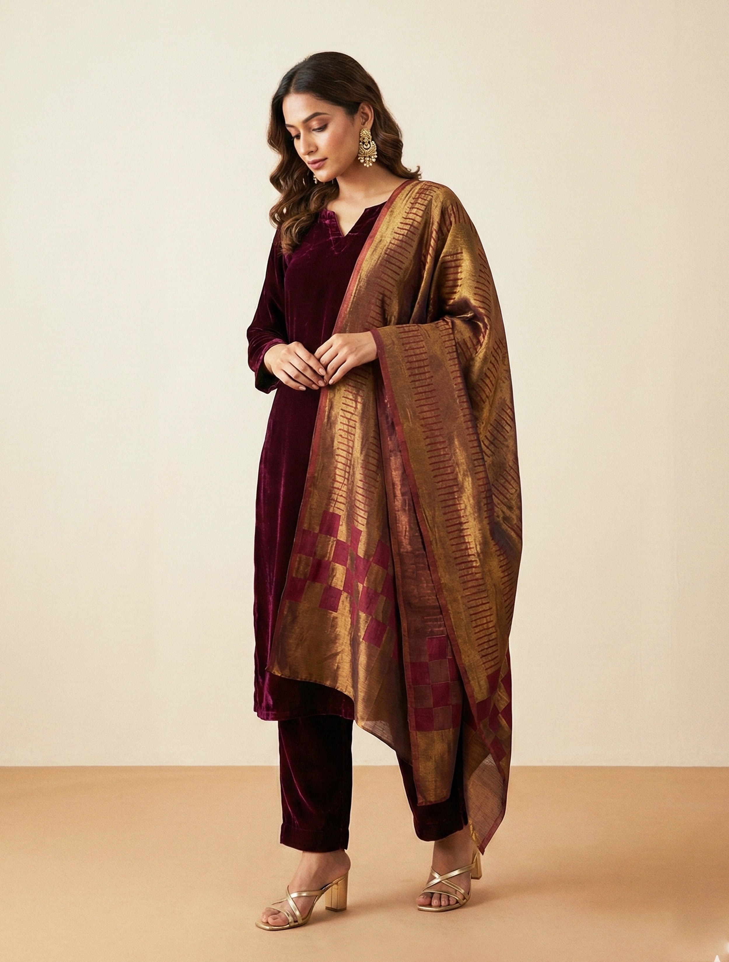 trueBrowns Maroon Golden Reversable Woollen Stole