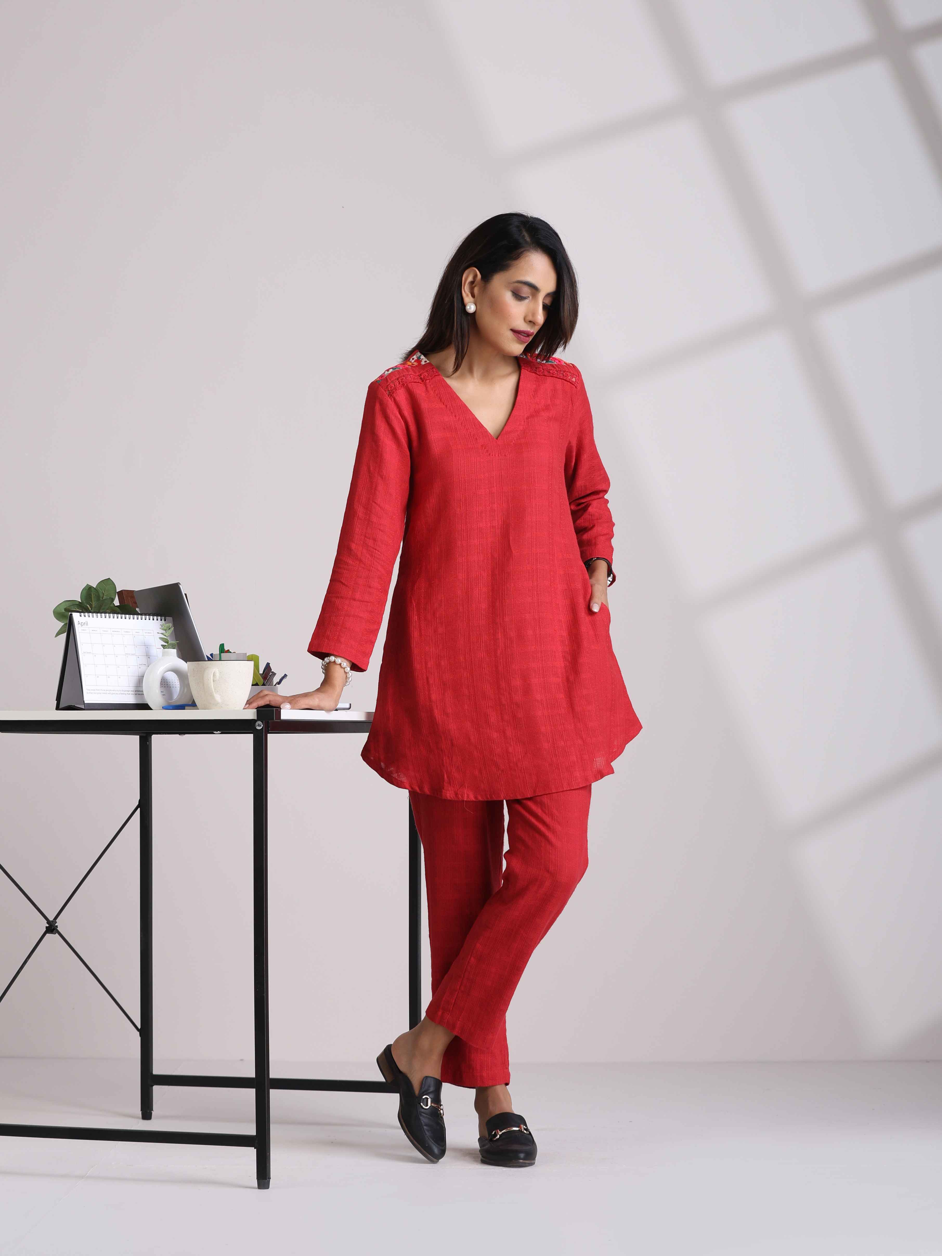 trueBrowns Red Cotton Dobby Co-ord set
