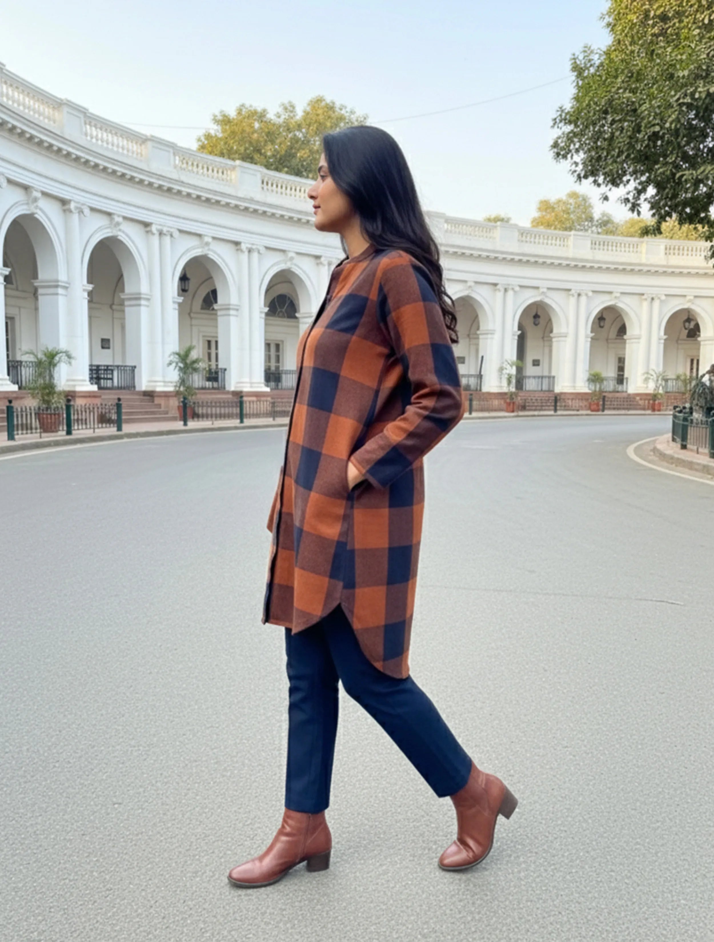 trueBrowns Brown Check Shirt Kurta