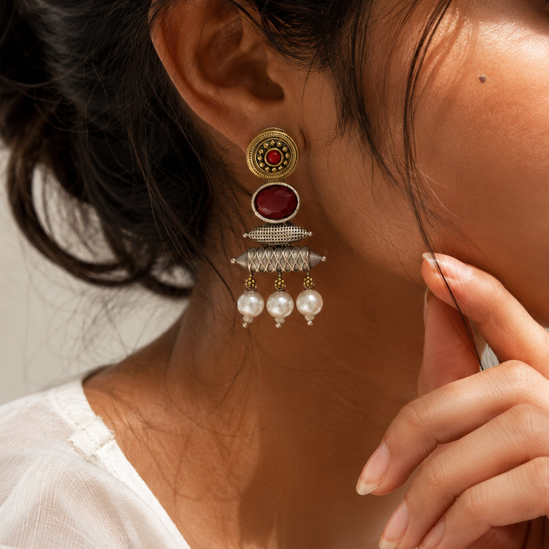 trueBrowns Red Stone Pearl Drop Earrings