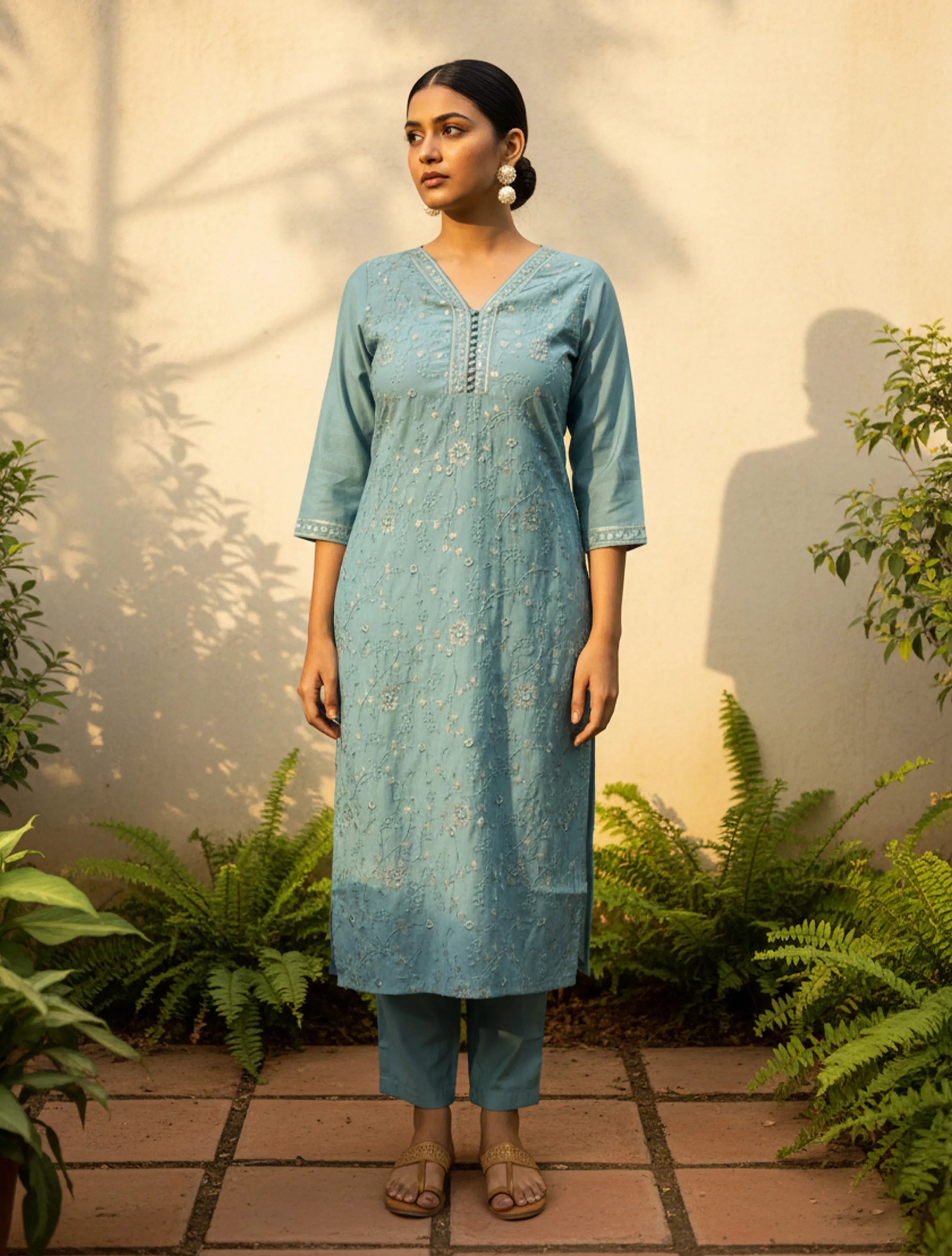 trueBrowns Light Blue Embroidered Straight Kurta Pant Dupatta Set