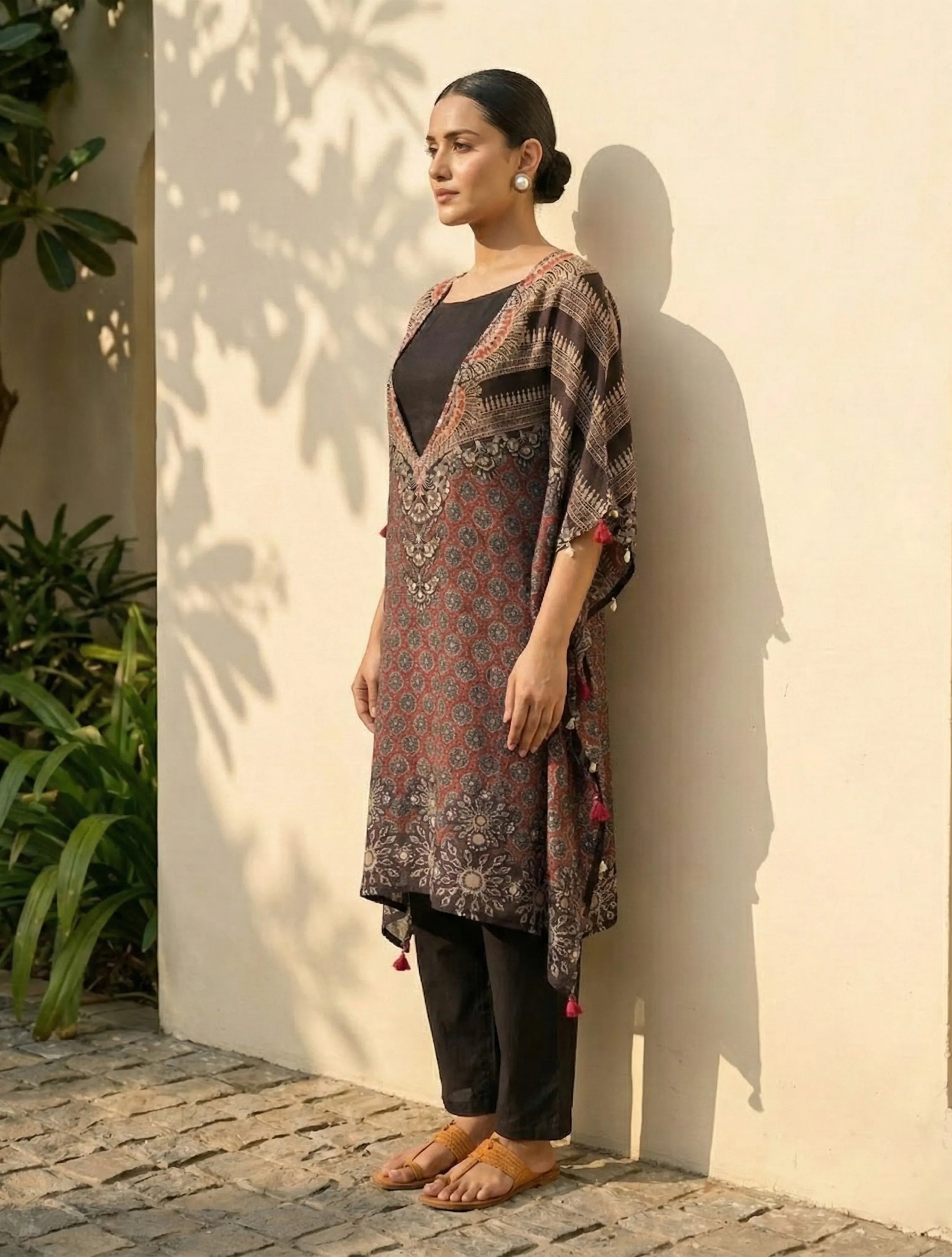 trueBrowns Maroon Black Print Embroidered Kaftan Kurta Pant Set