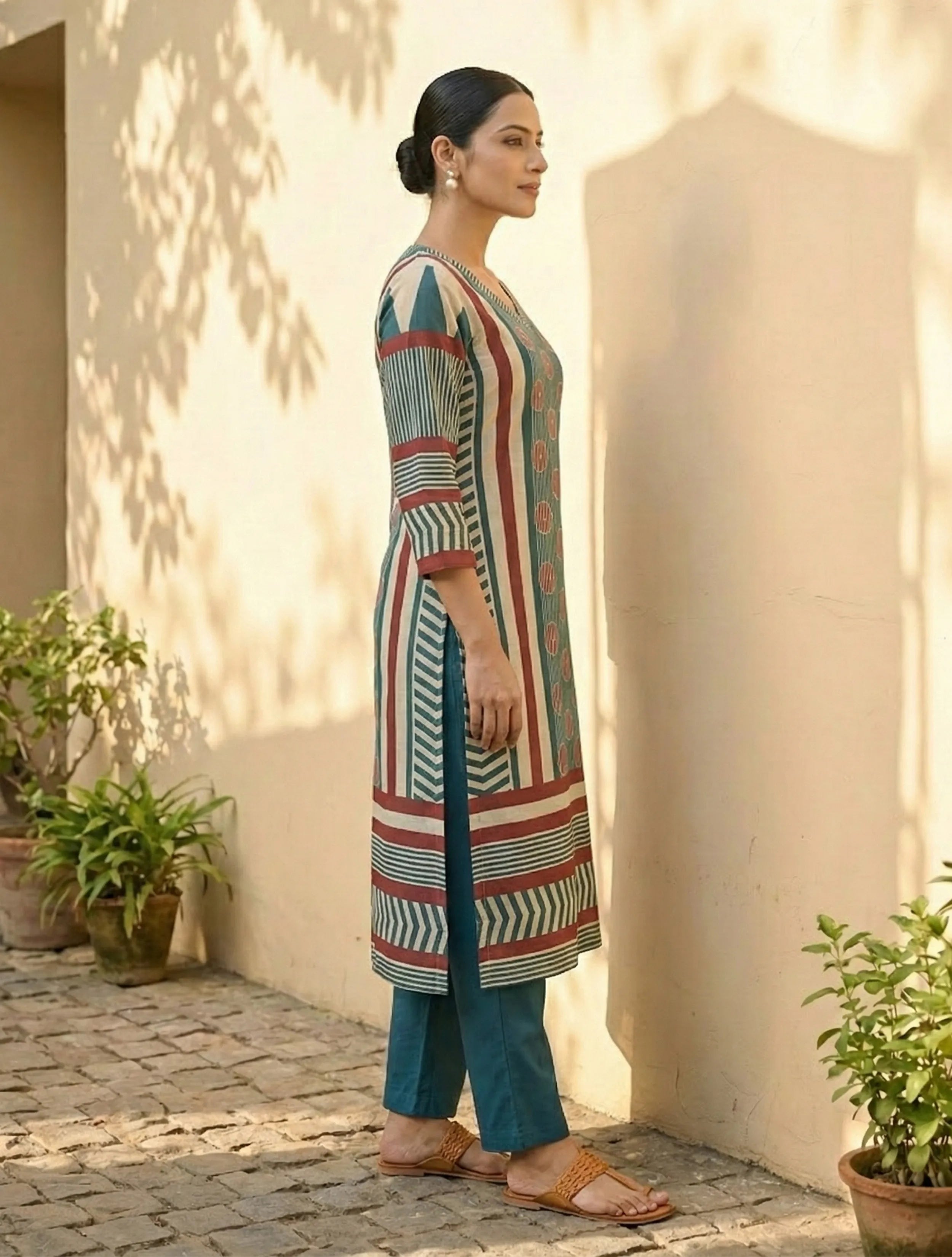 trueBrowns Blue Printed V-Neck Kurta Pant Dupatta Set