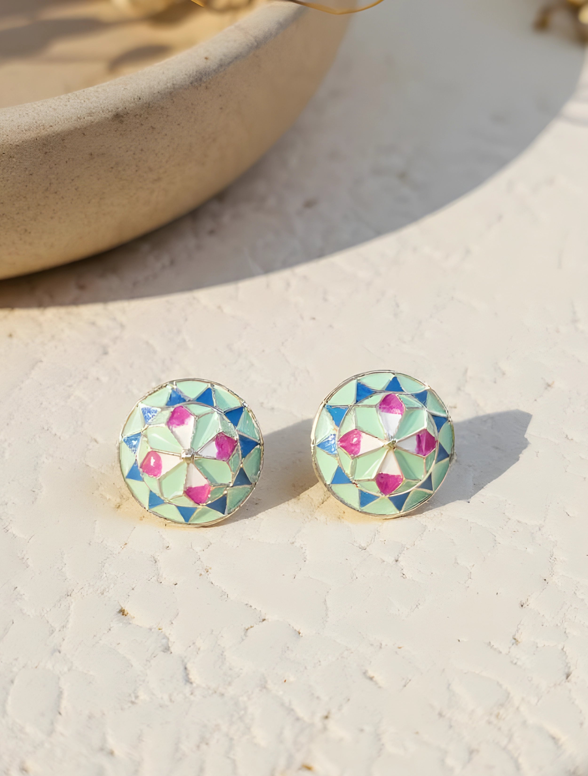 trueBrowns Pink Round Enamel Stud Earrings