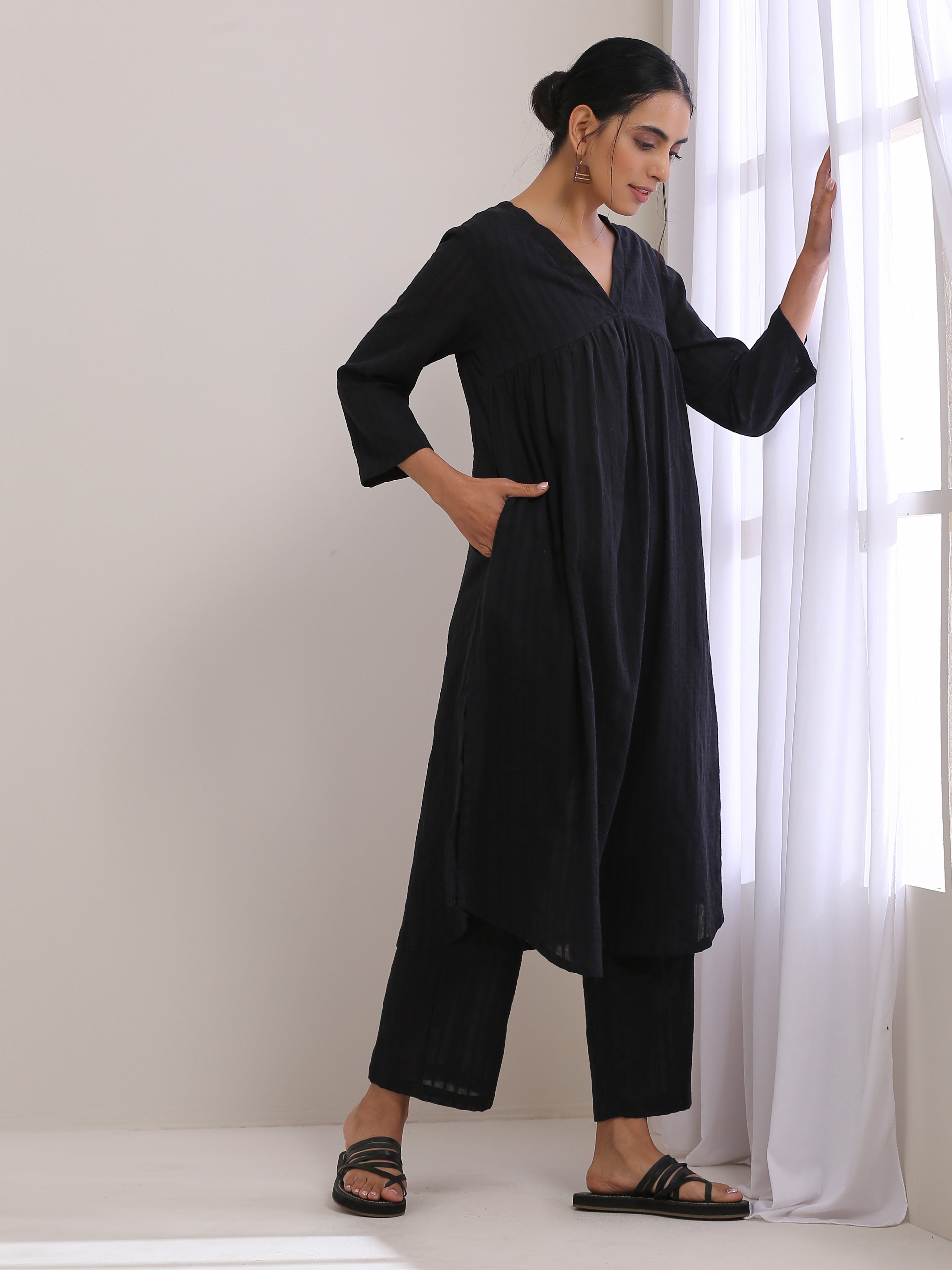 Black Dobby Flared Slit Kurta Pant Set