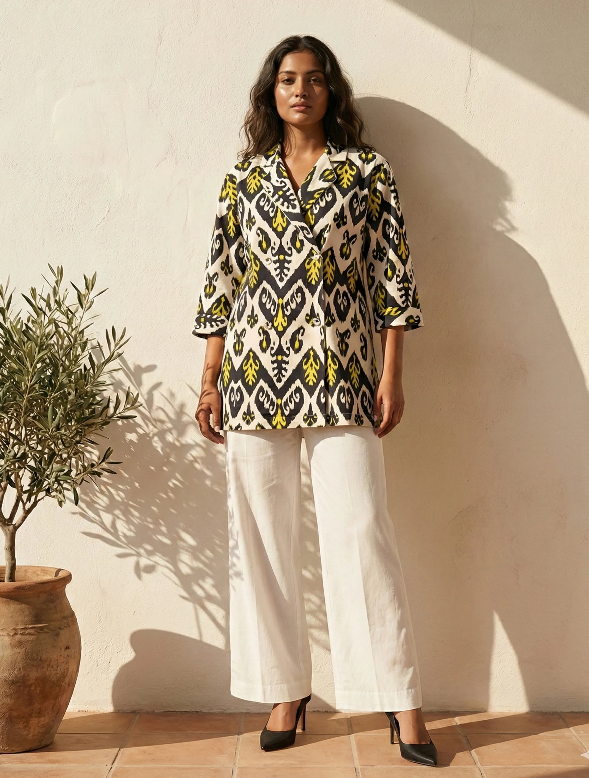 trueBrowns Black White Ikat Print Cotton Poplin Blazer Co-Ord Set