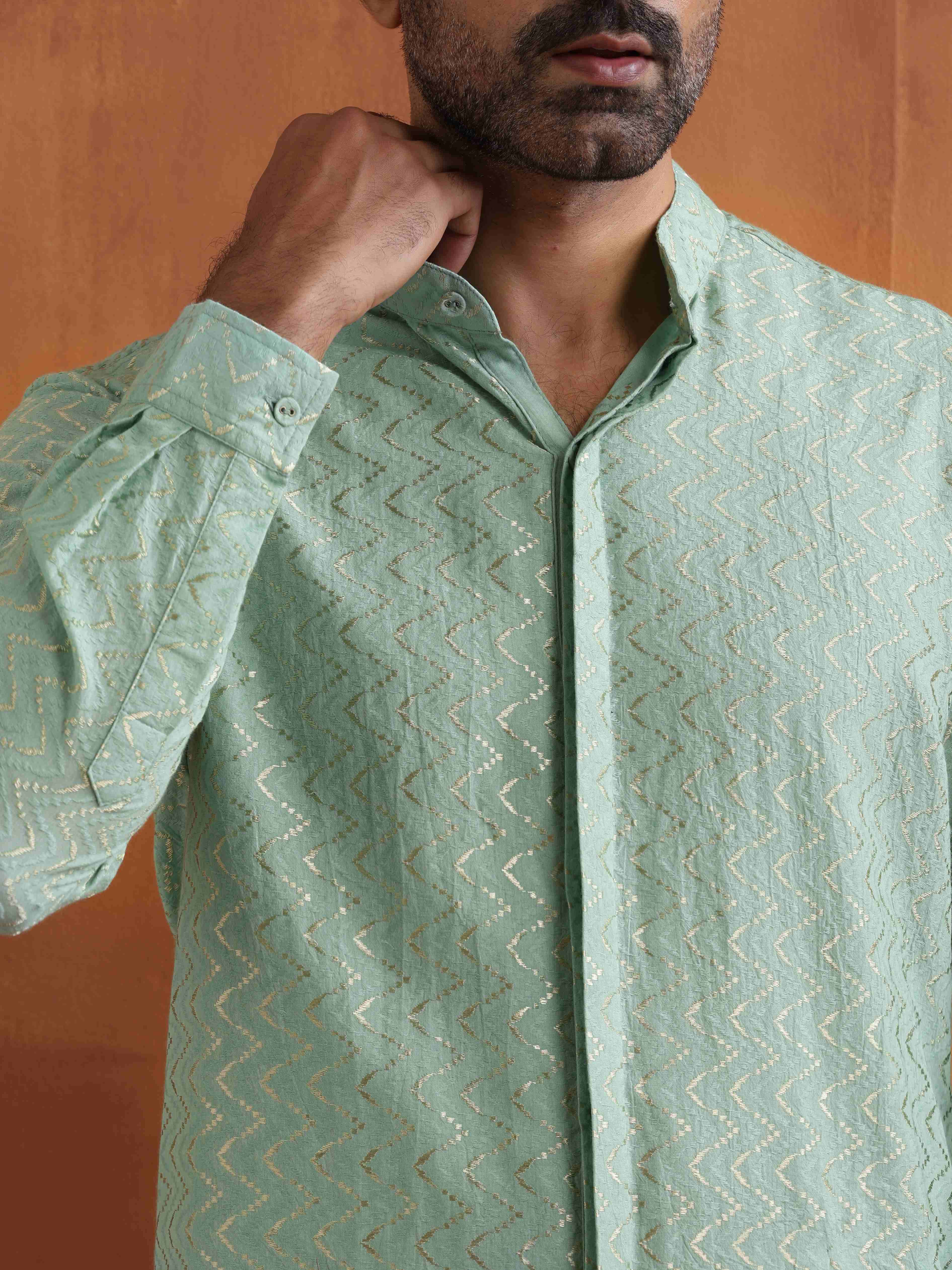 trueBrowns Men's Green Cotton Dobby Front Open Short Kurta
