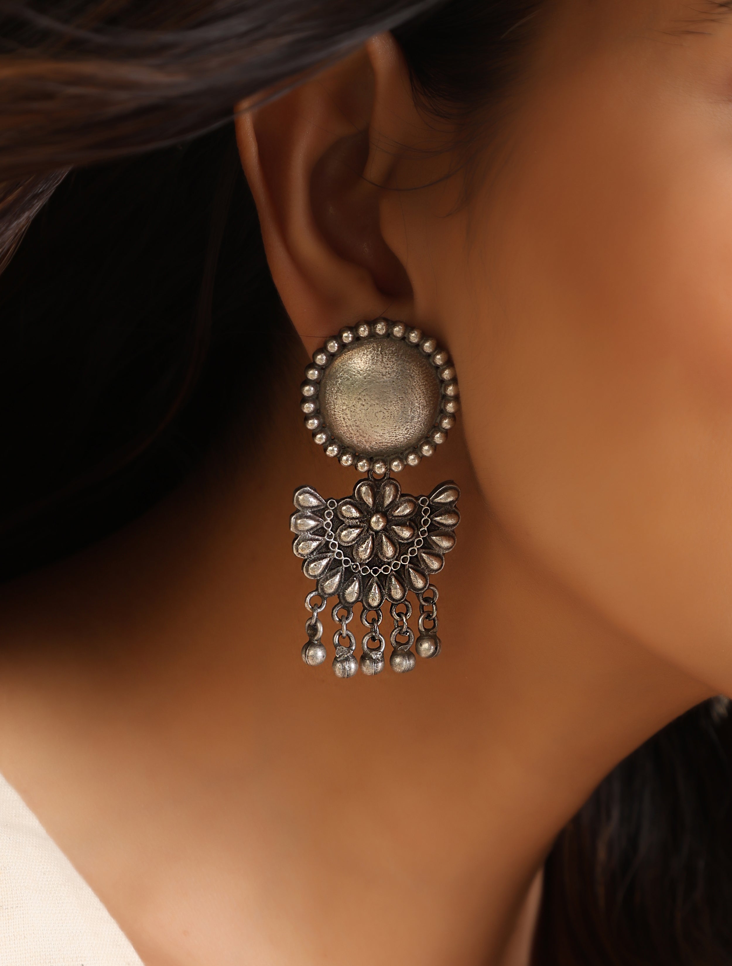 trueBrowns Silver Crescent Floral Earrings